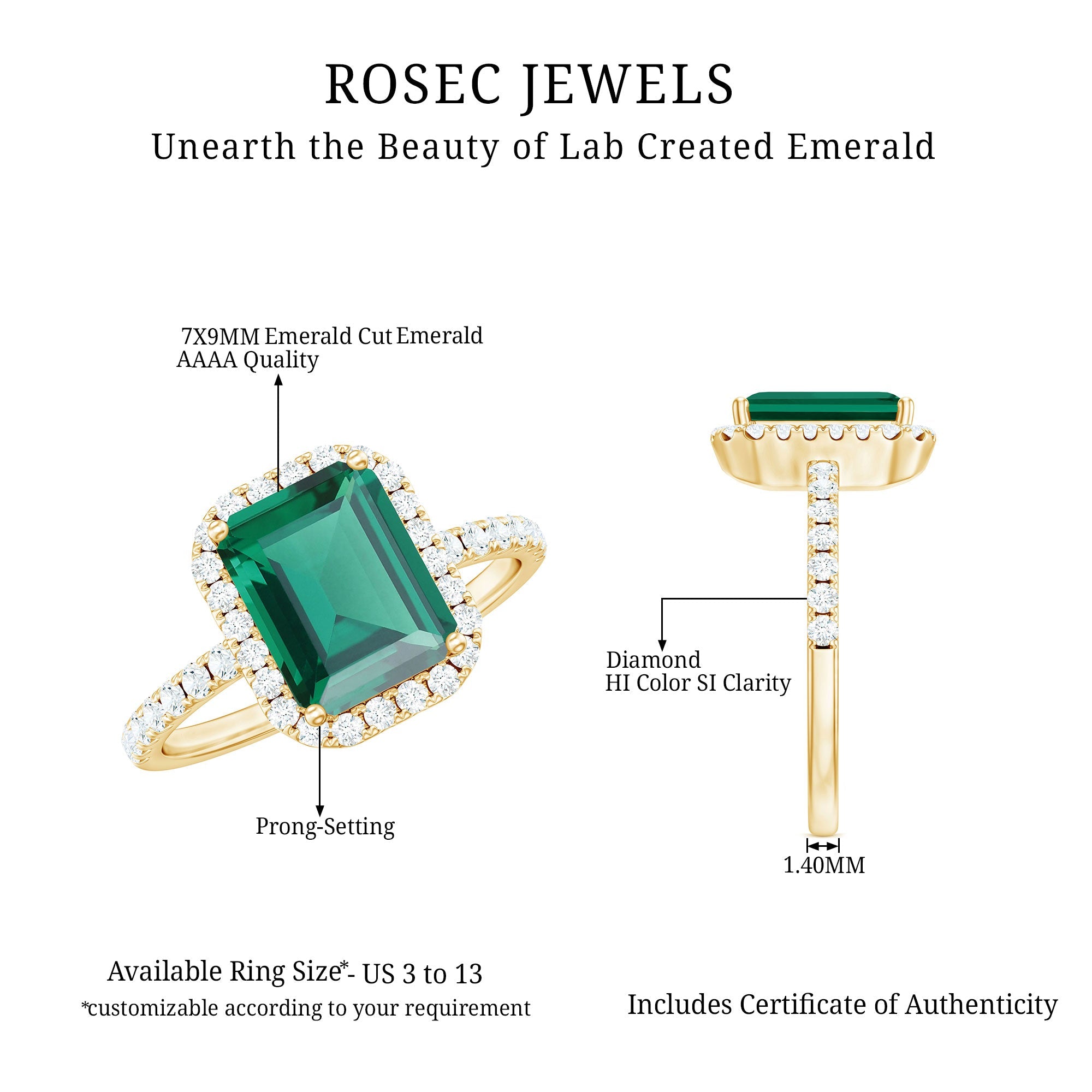 Octagon Cut Lab Grown Emerald Engagement Ring with Diamond