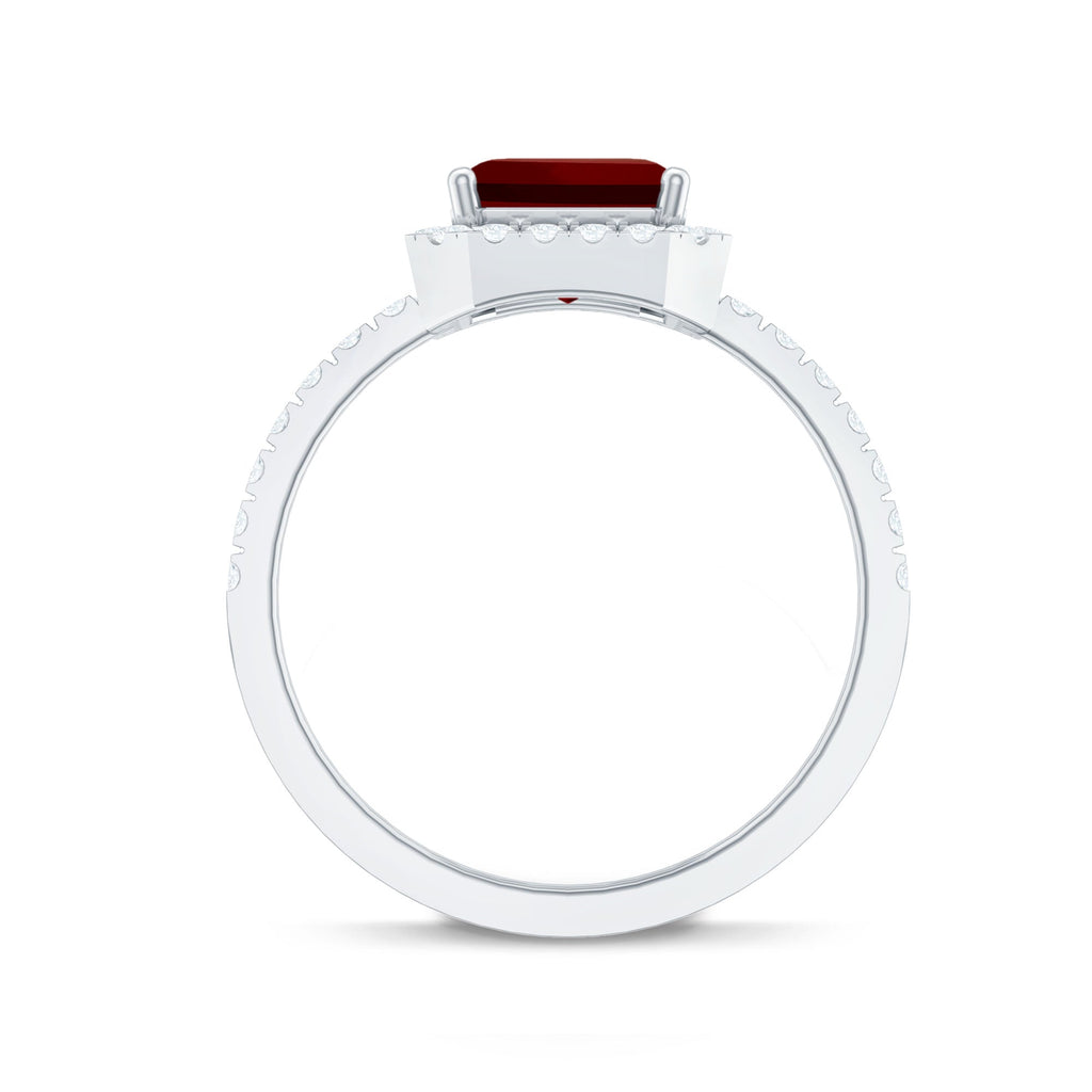 Lab Created Emerald Cut Ruby Engagement Ring with Diamond Halo