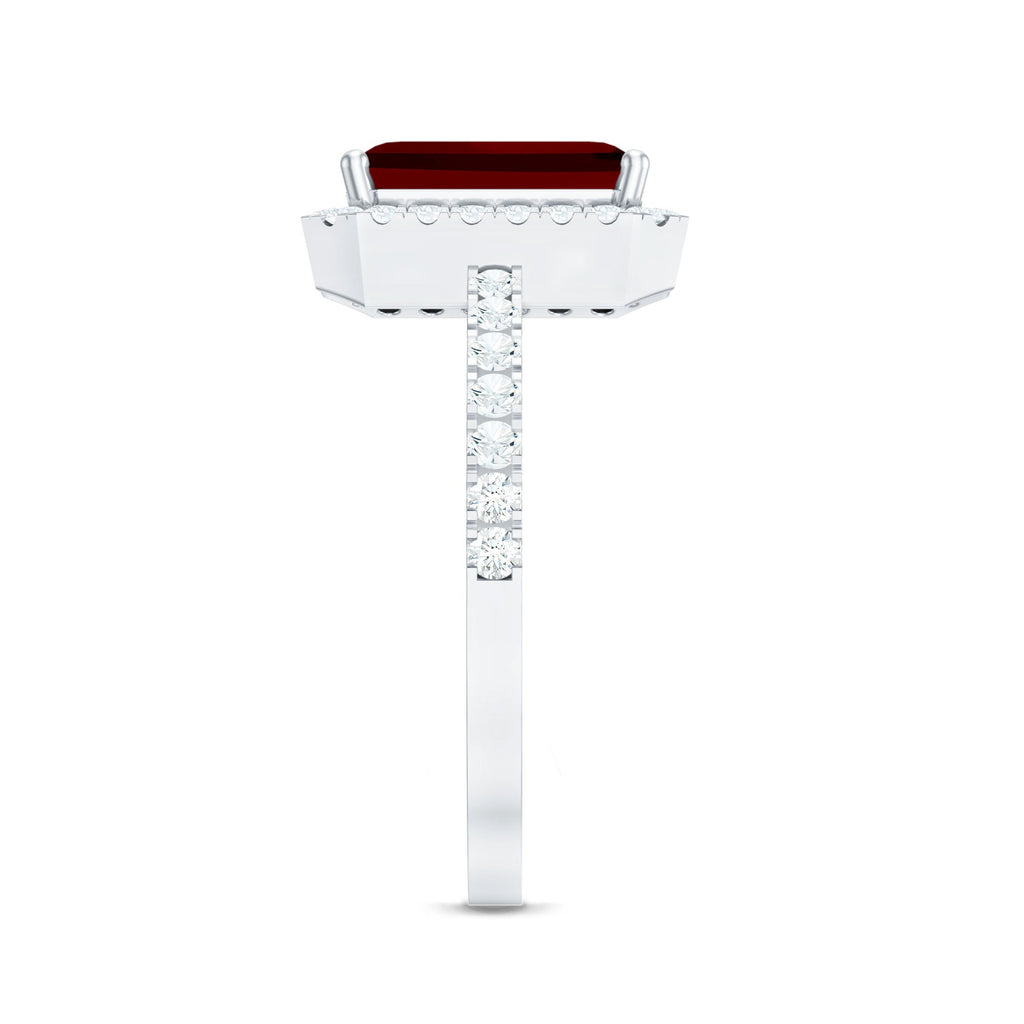 Lab Created Emerald Cut Ruby Engagement Ring with Diamond Halo
