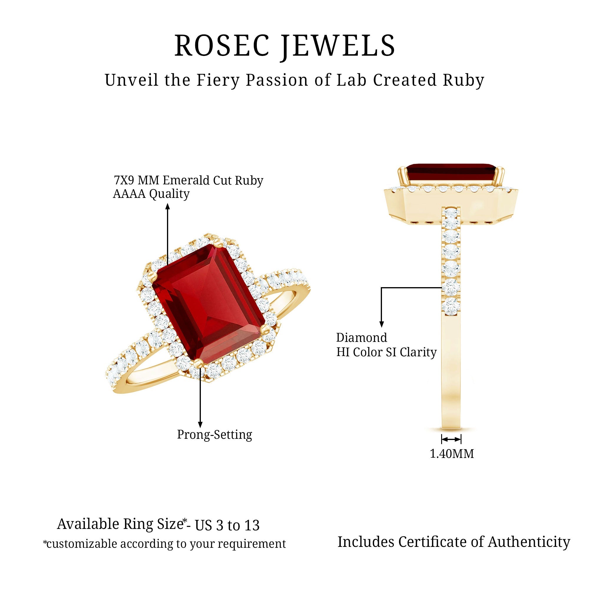 Lab Created Emerald Cut Ruby Engagement Ring with Diamond Halo