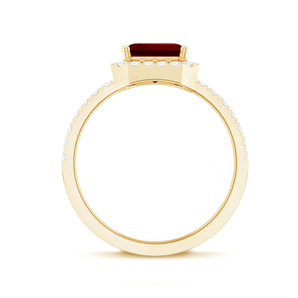 Lab Created Emerald Cut Ruby Engagement Ring with Diamond Halo