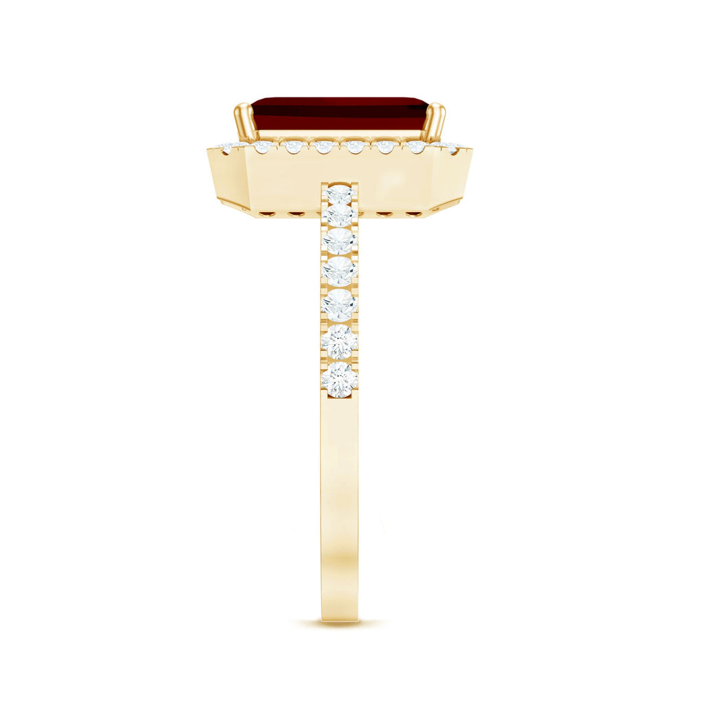 Lab Created Emerald Cut Ruby Engagement Ring with Diamond Halo