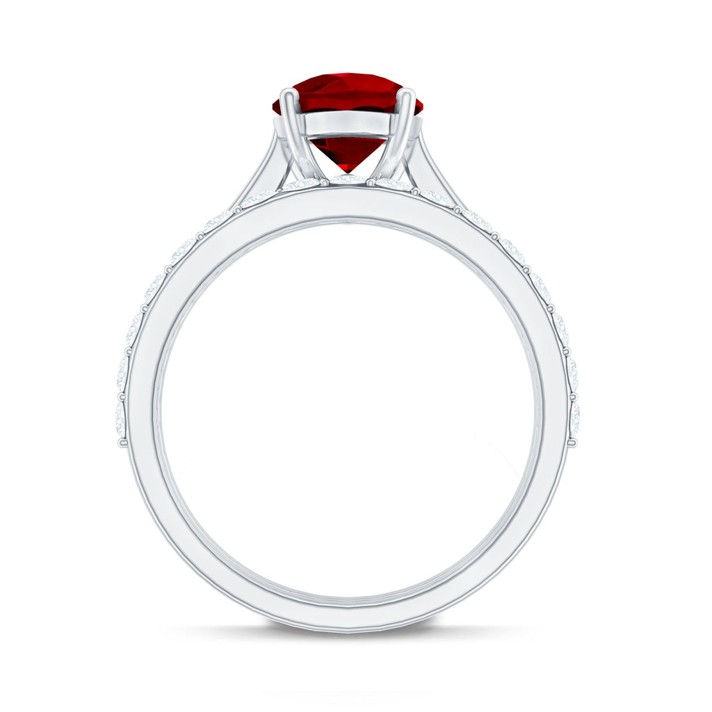 Pear Shape Created Ruby Solitaire Wedding Ring Set with Moissanite