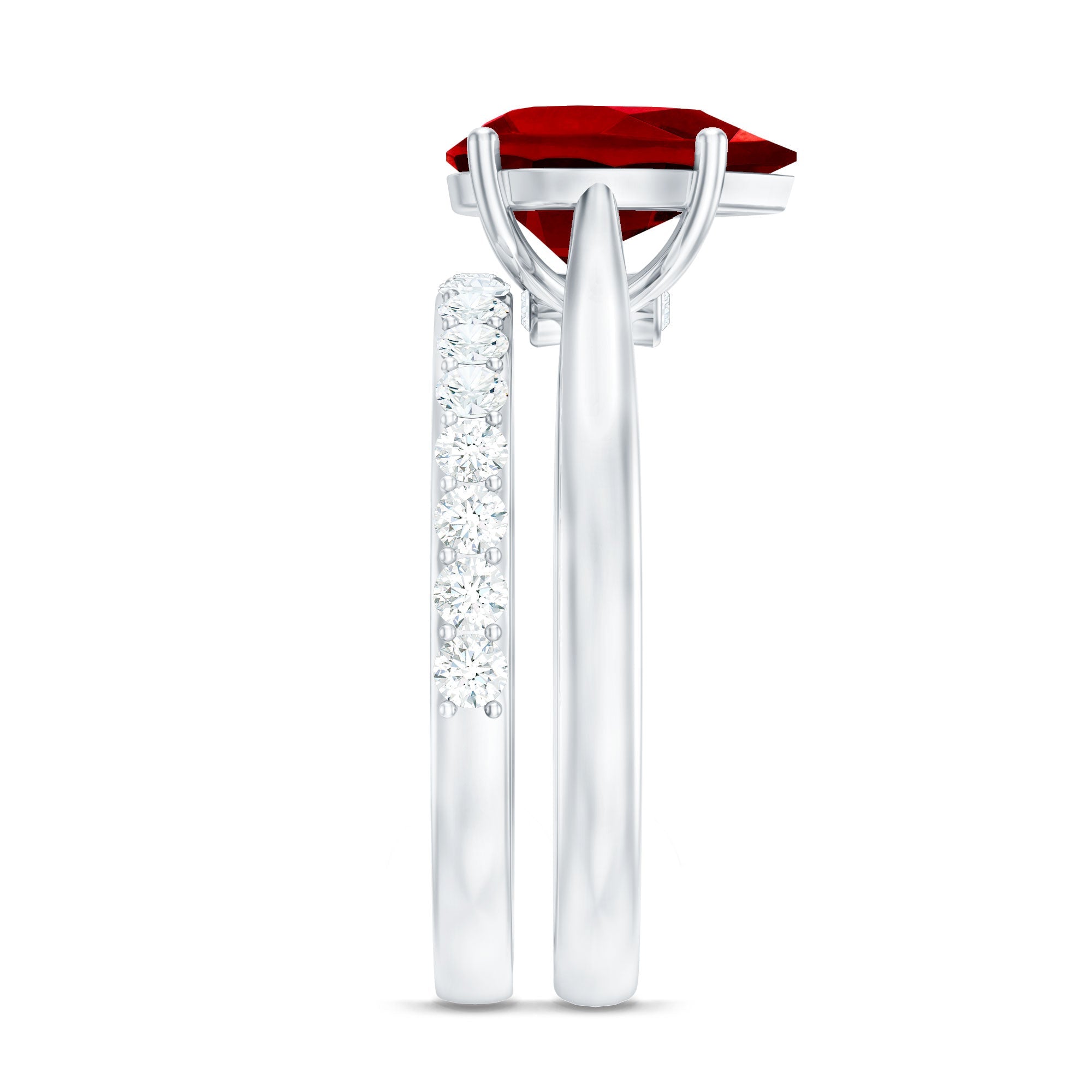 Pear Shape Created Ruby Solitaire Wedding Ring Set with Moissanite