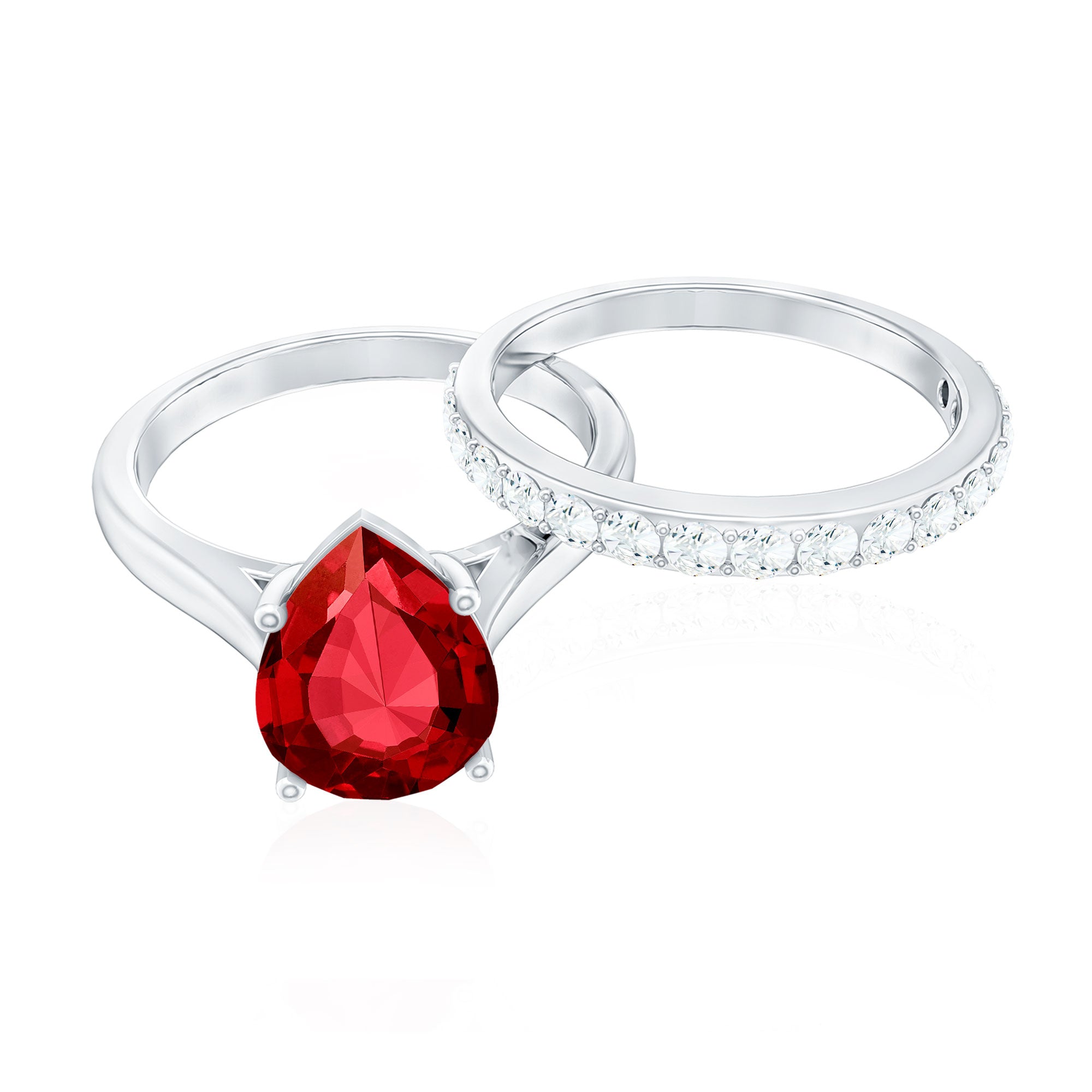 Pear Shape Created Ruby Solitaire Wedding Ring Set with Moissanite