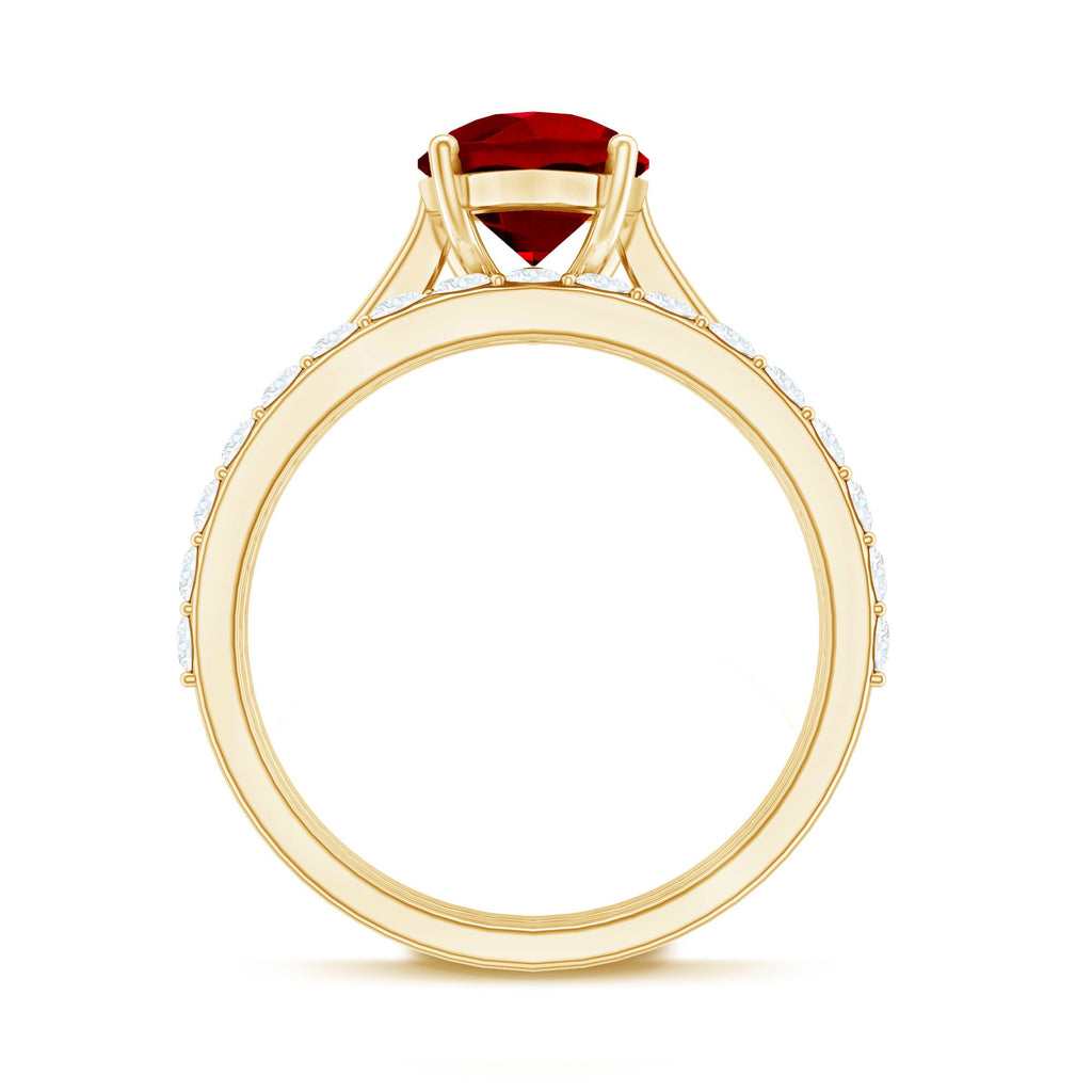 Pear Shape Created Ruby Solitaire Wedding Ring Set with Moissanite
