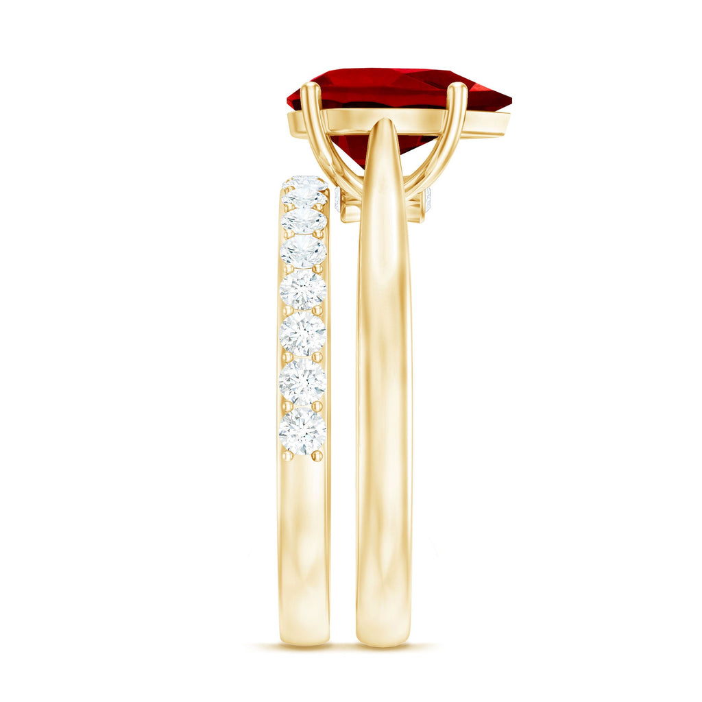 Pear Shape Created Ruby Solitaire Wedding Ring Set with Moissanite