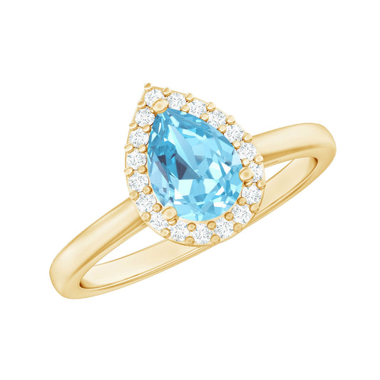 1 Carat Pear Cut Aquamarine Engagement Ring with Diamond Halo