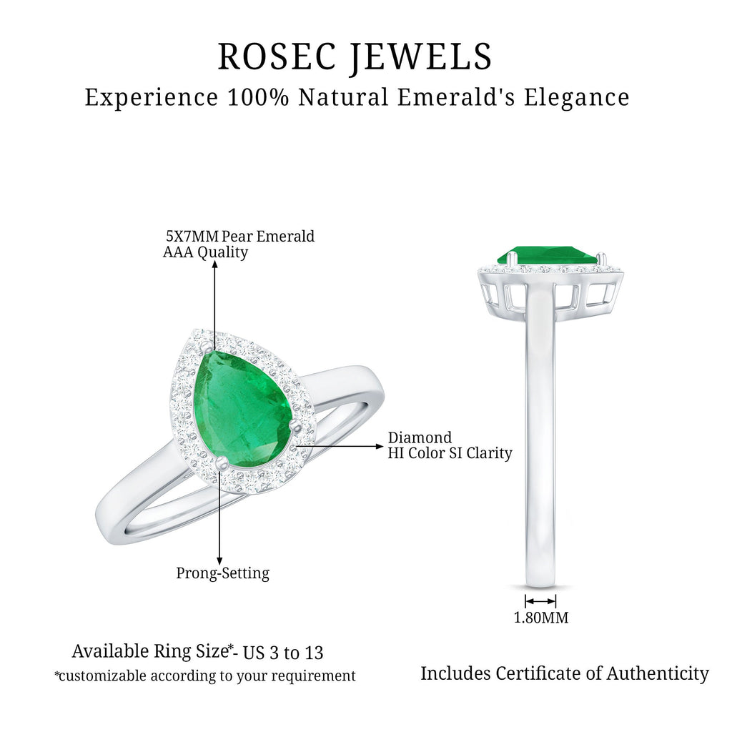 Real Emerald Teardrop Engagement Ring with Diamond Halo