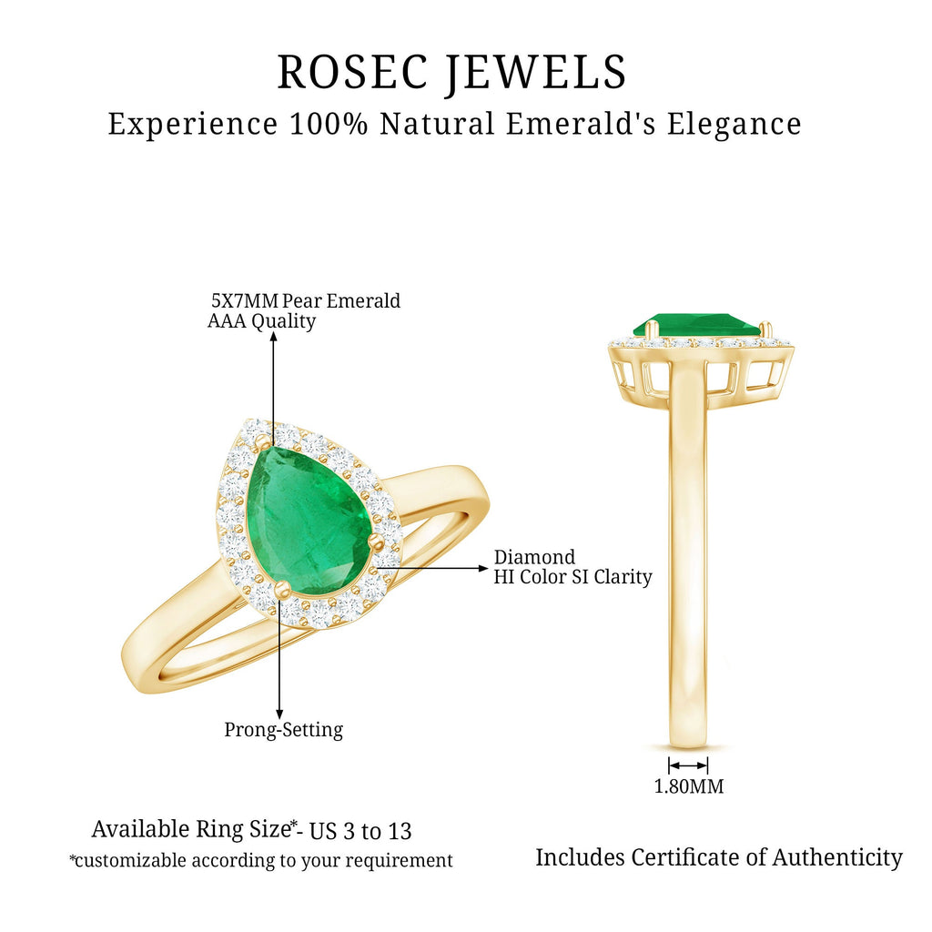 Real Emerald Teardrop Engagement Ring with Diamond Halo