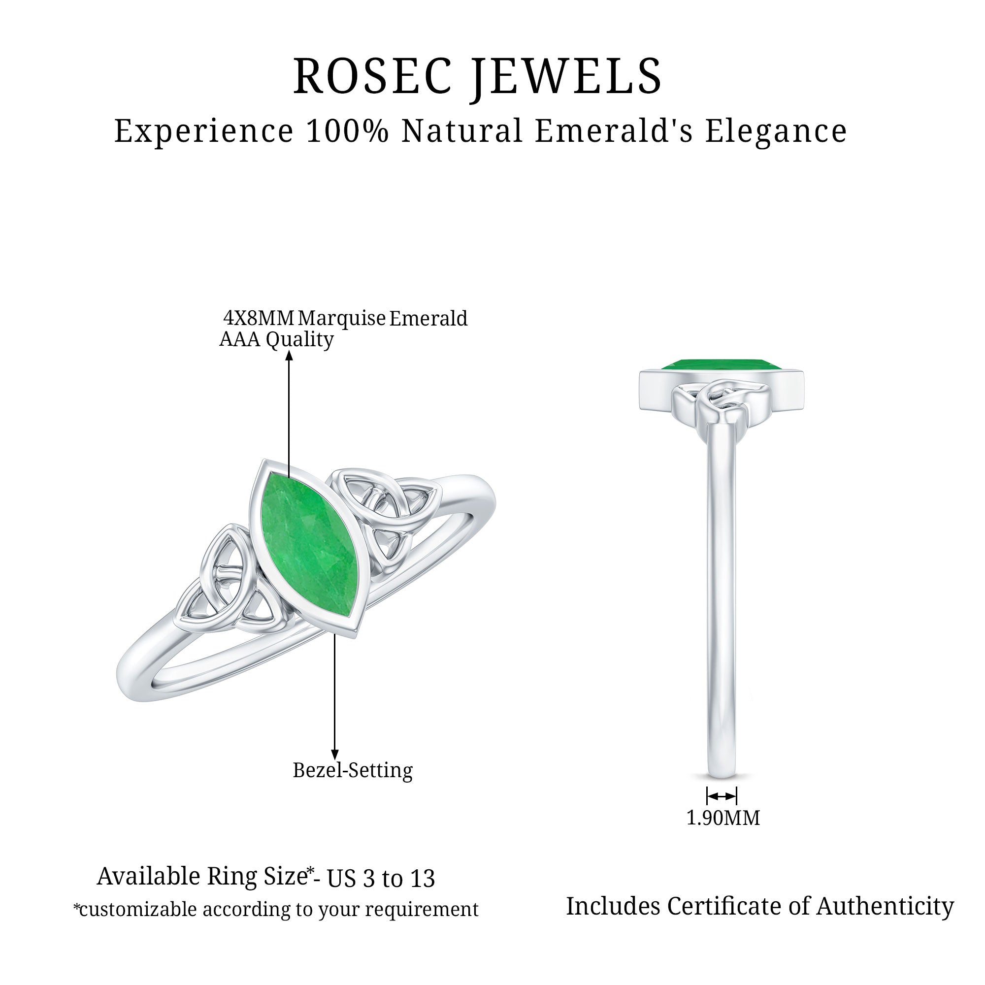 Marquise Cut Natural Emerald Celtic Engagement Ring in Bezel Setting