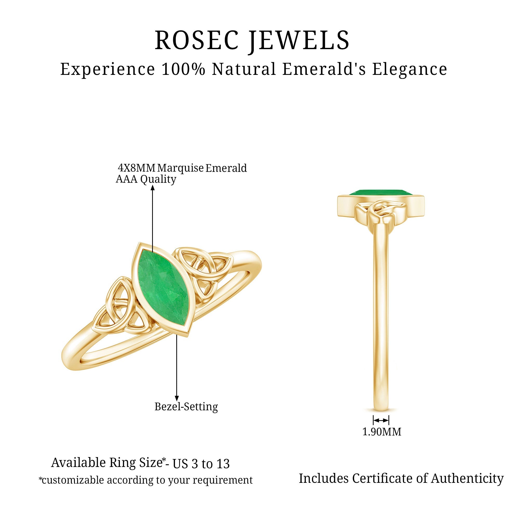 Marquise Cut Natural Emerald Celtic Engagement Ring in Bezel Setting