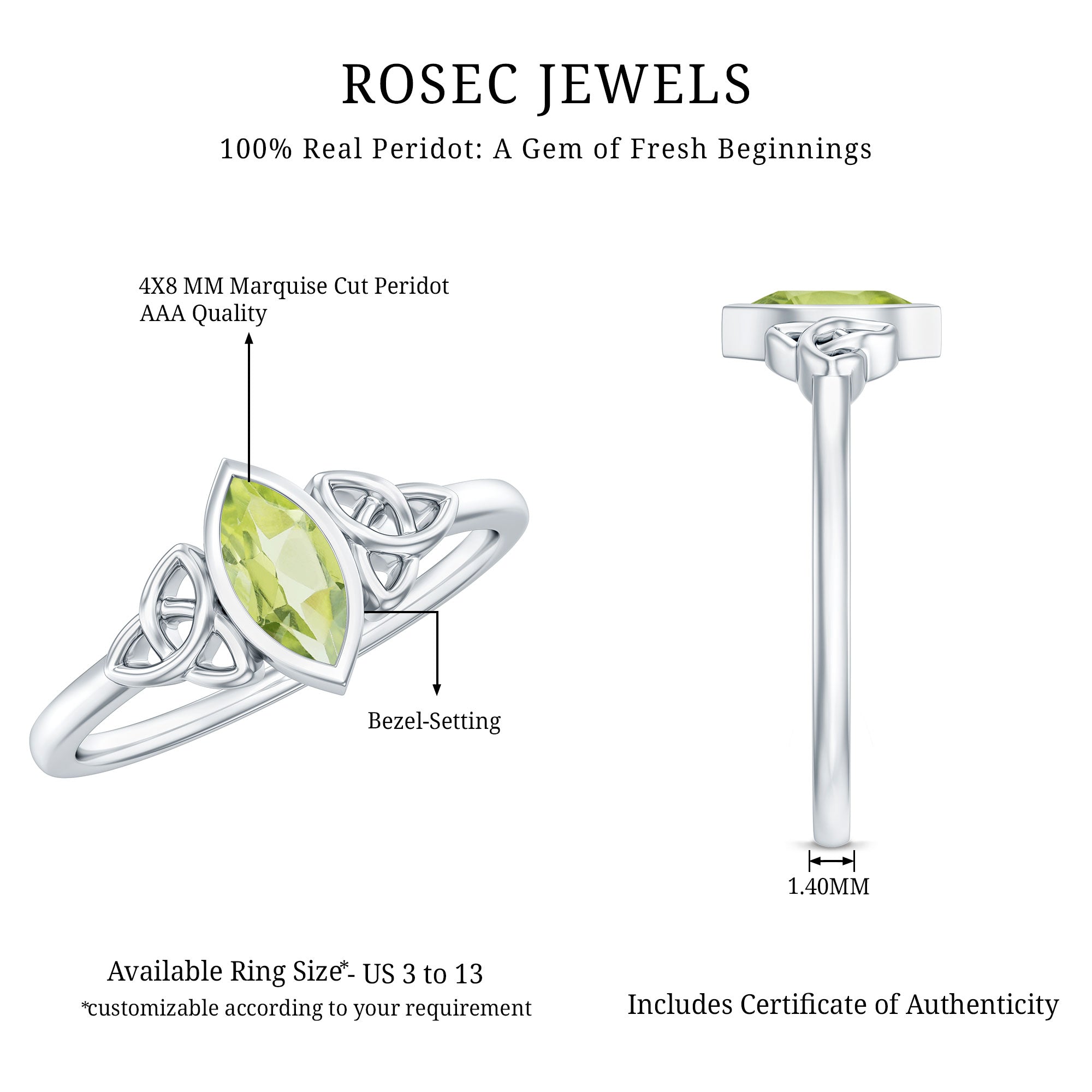 Natural 0.7 Carat Marquise Peridot Promise Ring with Celtic Knot