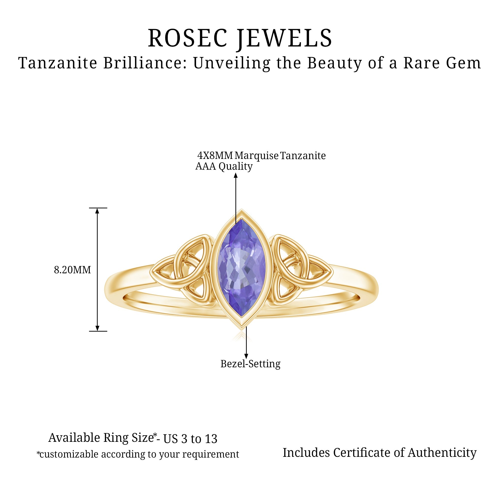 Natural Bezel Set Marquise Tanzanite Promise Ring with Celtic Knot