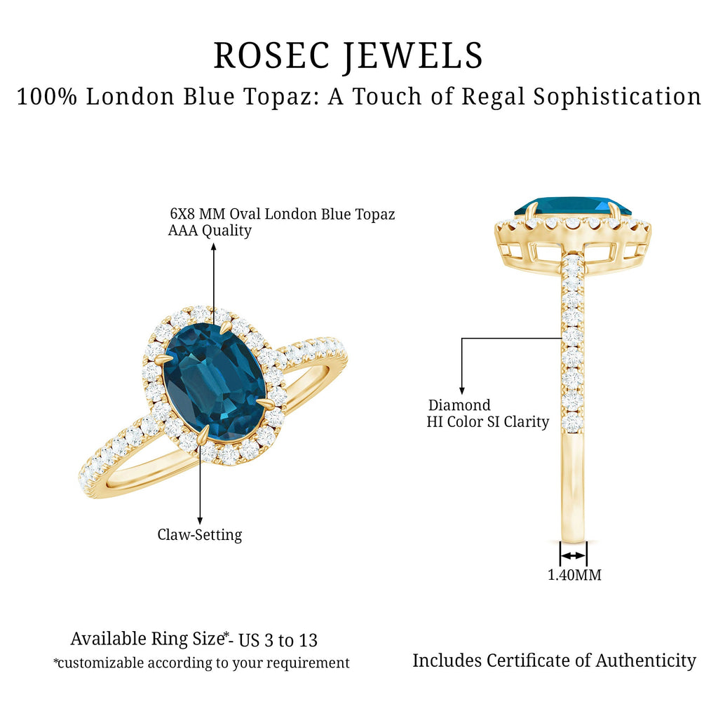 Oval 6X8MM London Blue Topaz Halo Engagement Ring