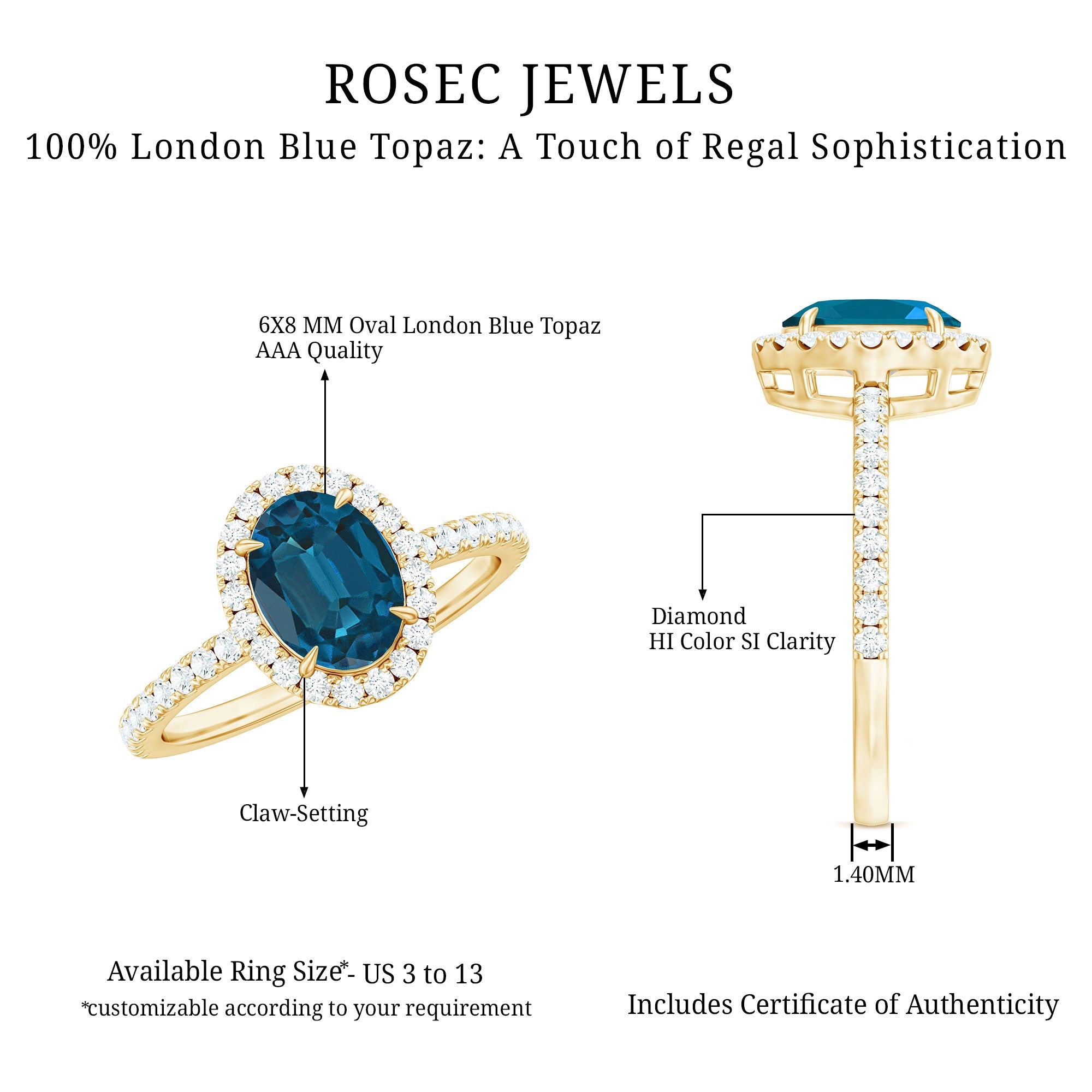 Oval 6X8MM London Blue Topaz Halo Engagement Ring