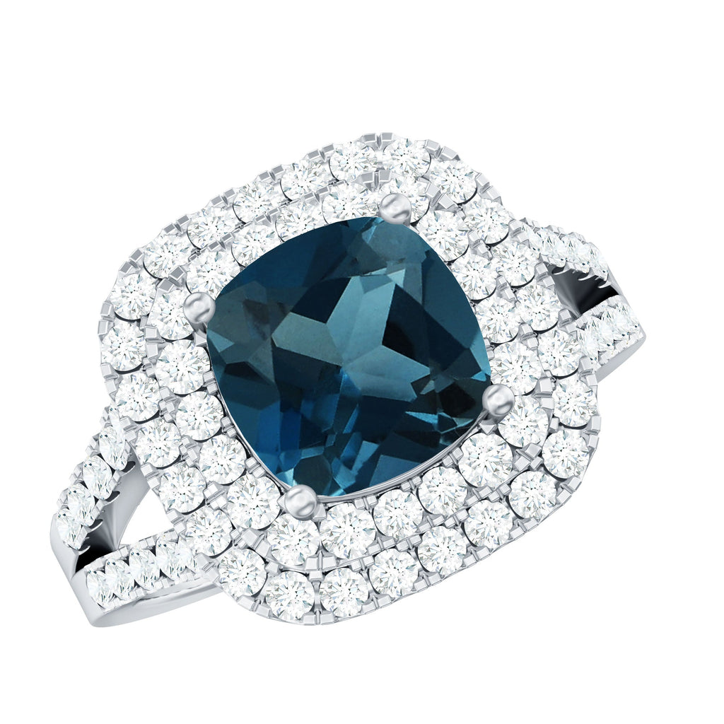 Real 8mm Cushion Cut London Blue Topaz Double Halo Engagement Ring with Moissanite