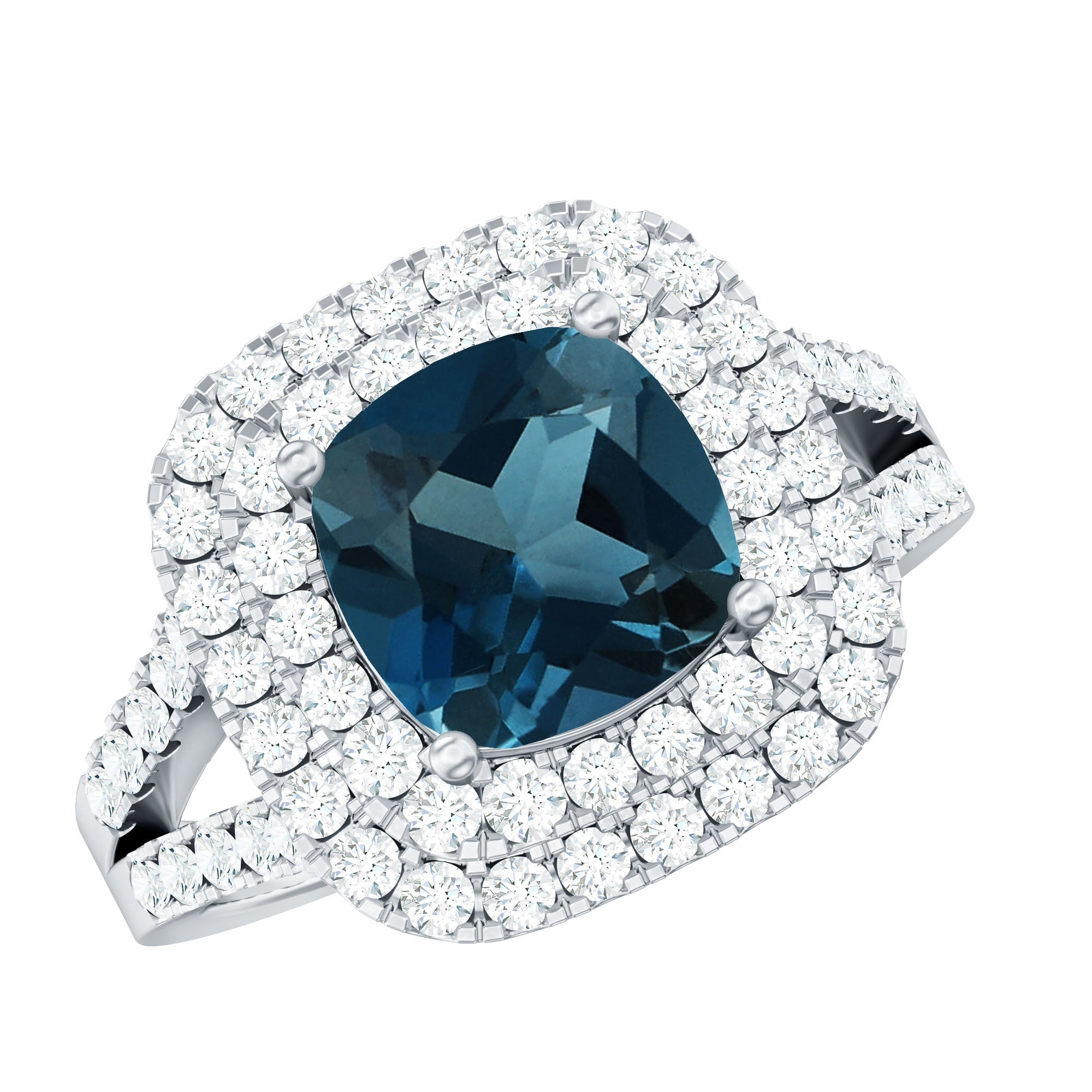 Real 8mm Cushion Cut London Blue Topaz Double Halo Engagement Ring with Moissanite