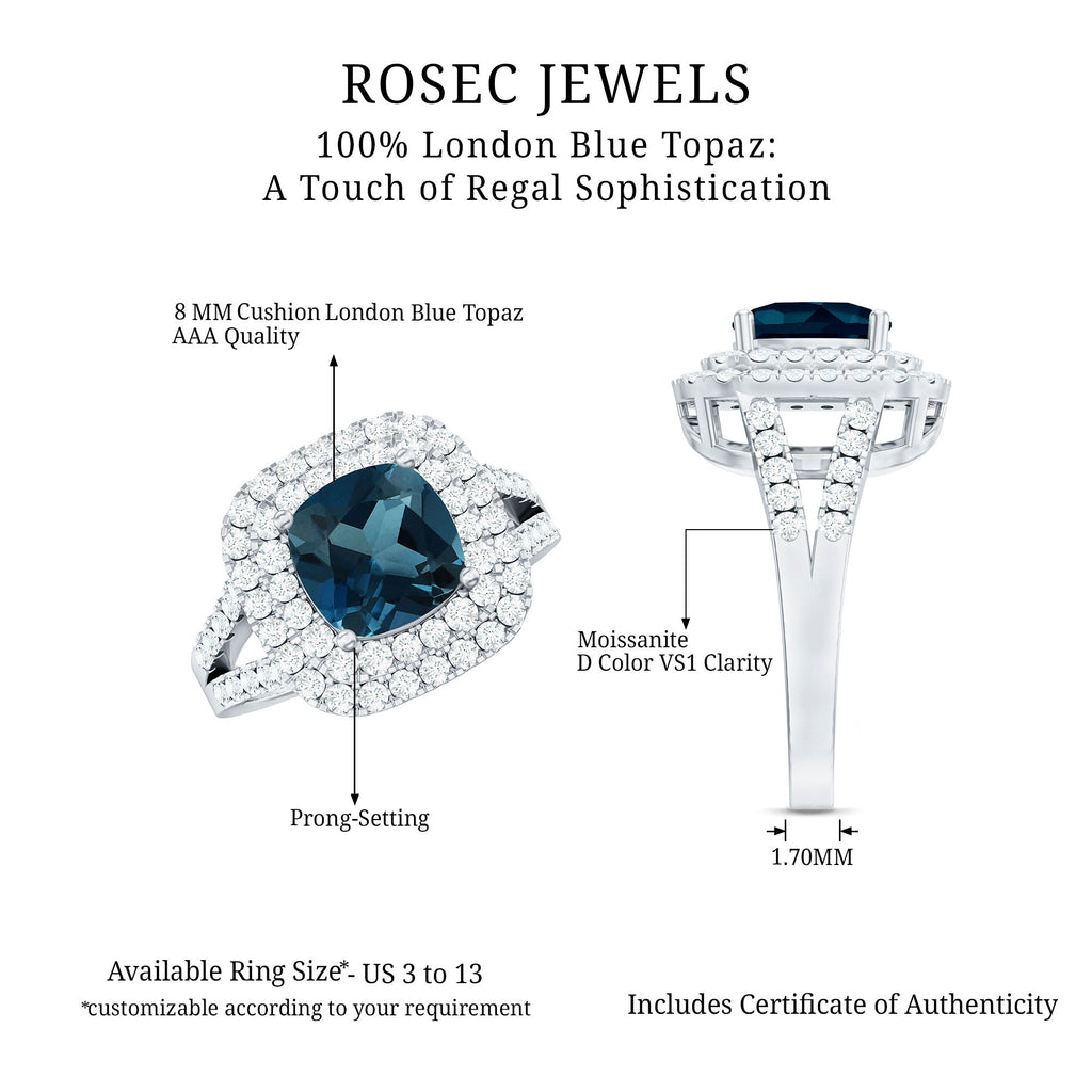 Real 8mm Cushion Cut London Blue Topaz Double Halo Engagement Ring with Moissanite