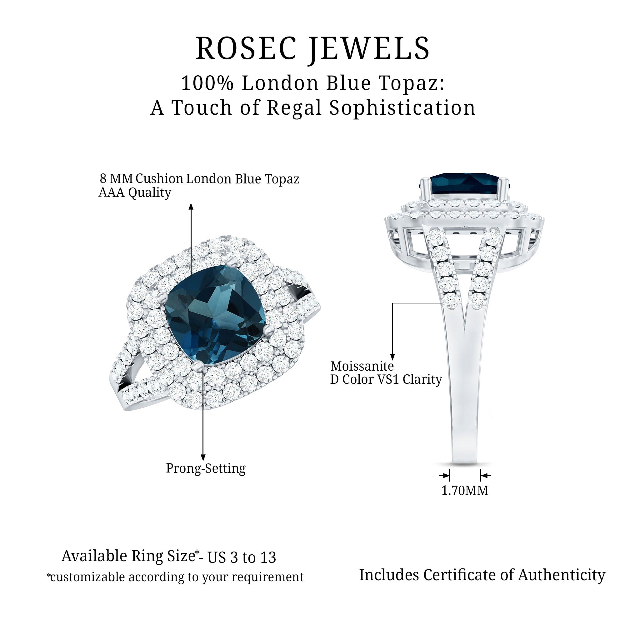 Real 8mm Cushion Cut London Blue Topaz Double Halo Engagement Ring with Moissanite