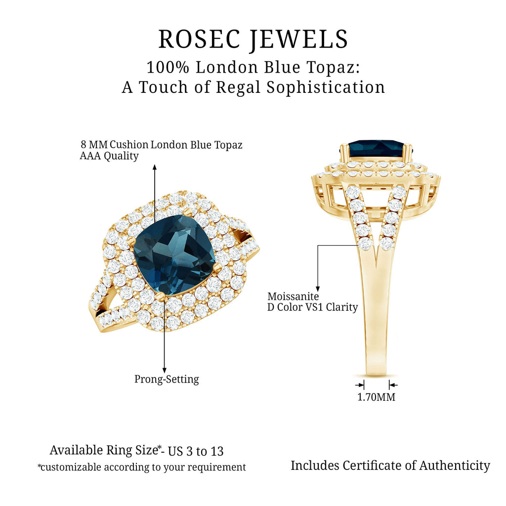 Real 8mm Cushion Cut London Blue Topaz Double Halo Engagement Ring with Moissanite