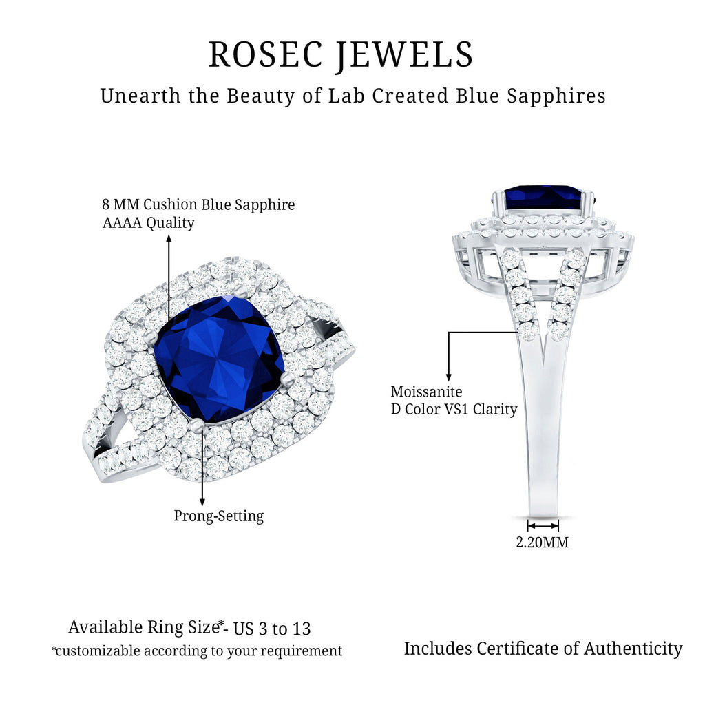 Cushion Cut Created Blue Sapphire Double Halo Engagement Ring with Moissanite