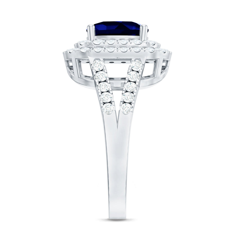Cushion Cut Created Blue Sapphire Double Halo Engagement Ring with Moissanite