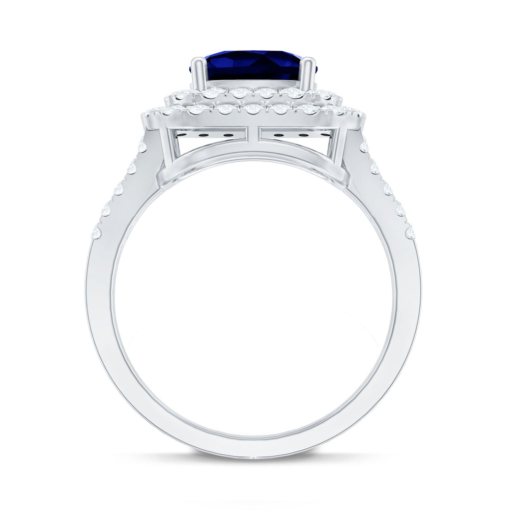 Cushion Cut Created Blue Sapphire Double Halo Engagement Ring with Moissanite