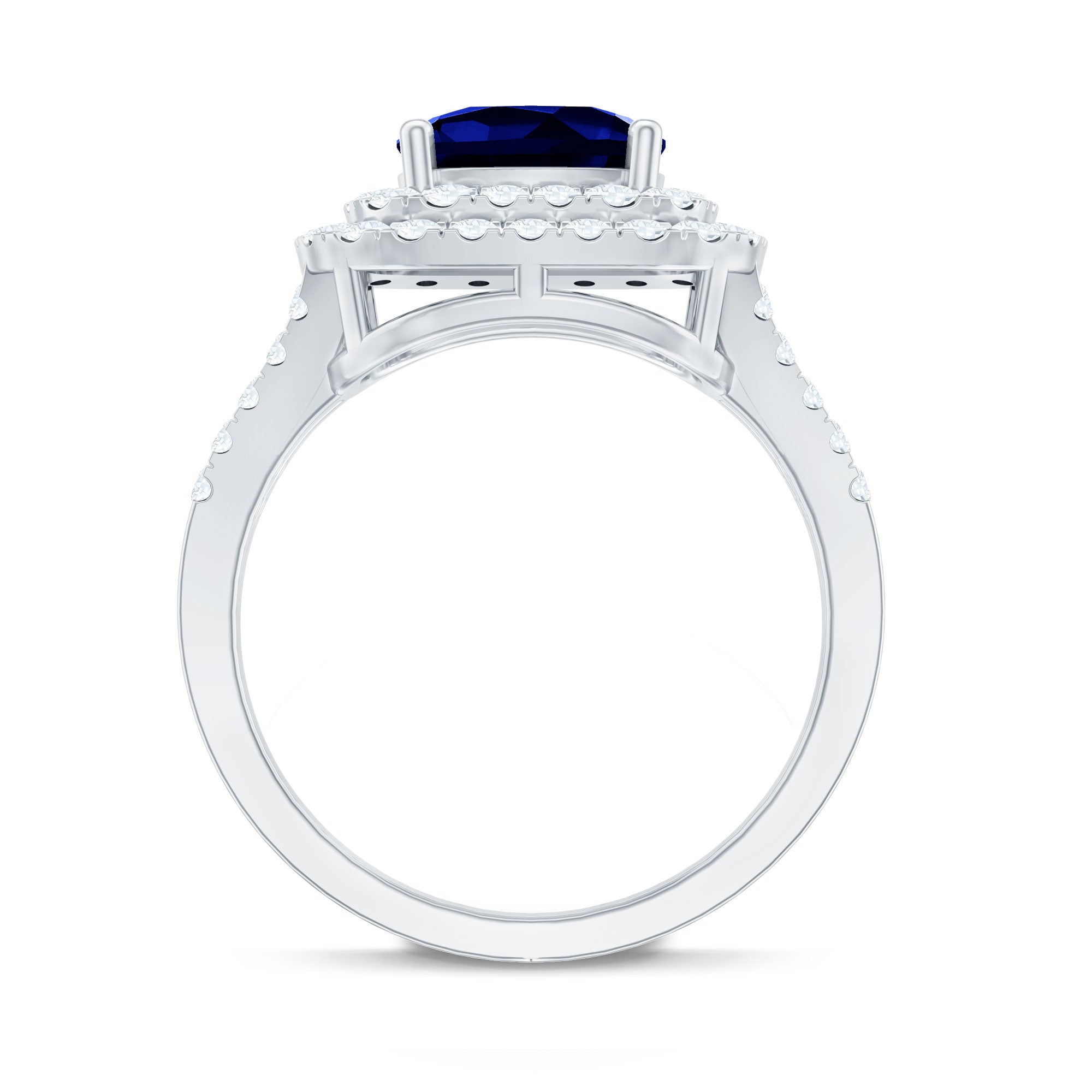 Cushion Cut Created Blue Sapphire Double Halo Engagement Ring with Moissanite