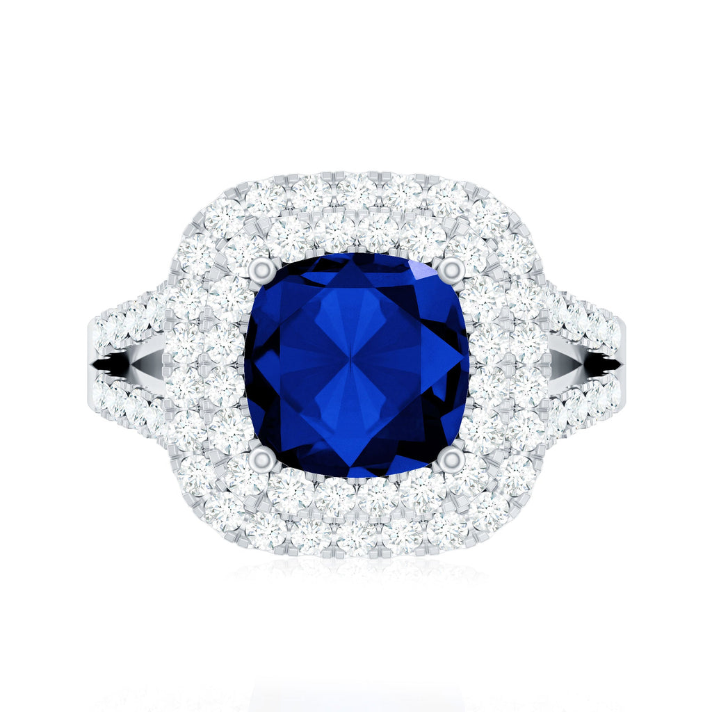 Cushion Cut Created Blue Sapphire Double Halo Engagement Ring with Moissanite