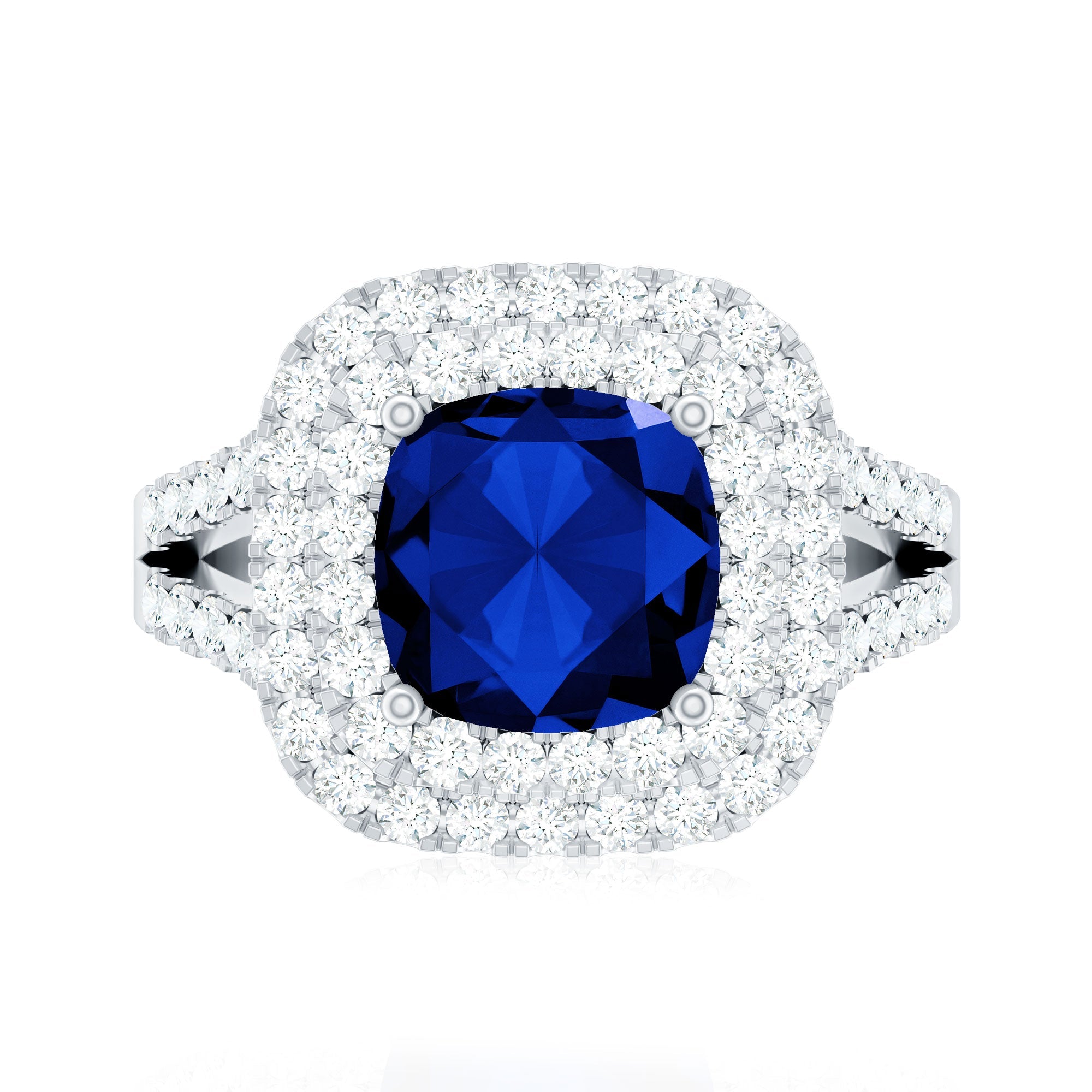 Cushion Cut Created Blue Sapphire Double Halo Engagement Ring with Moissanite