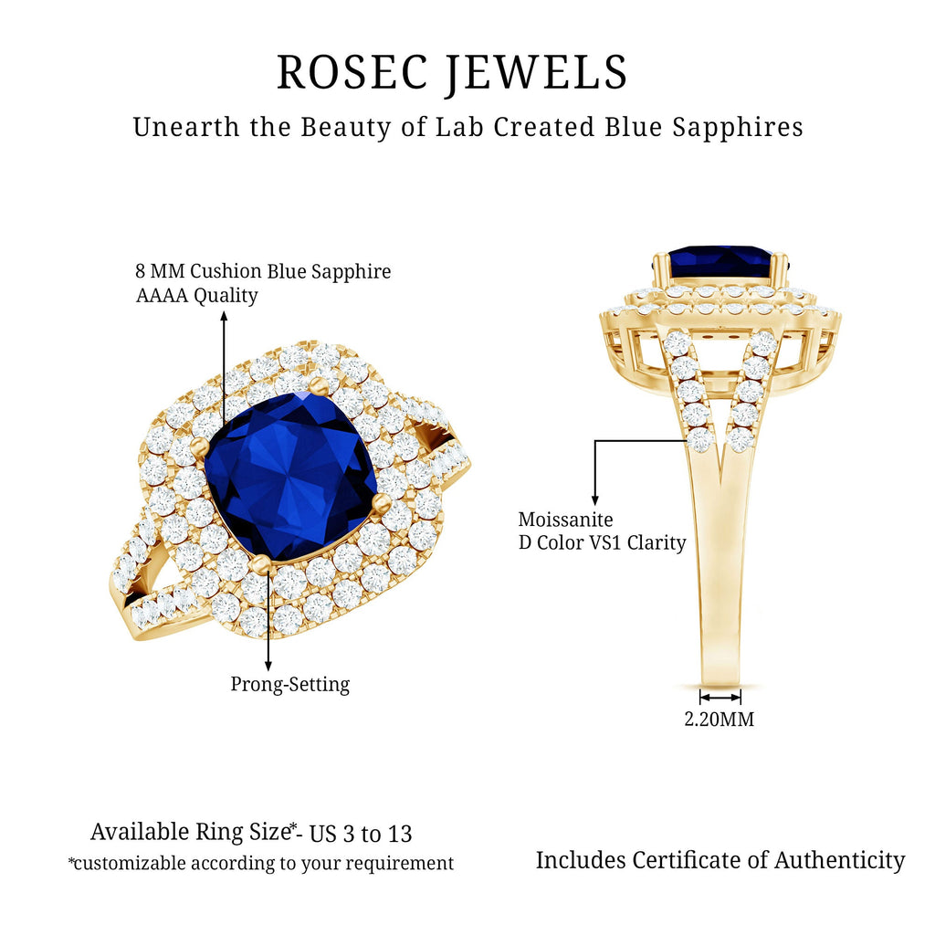 Cushion Cut Created Blue Sapphire Double Halo Engagement Ring with Moissanite