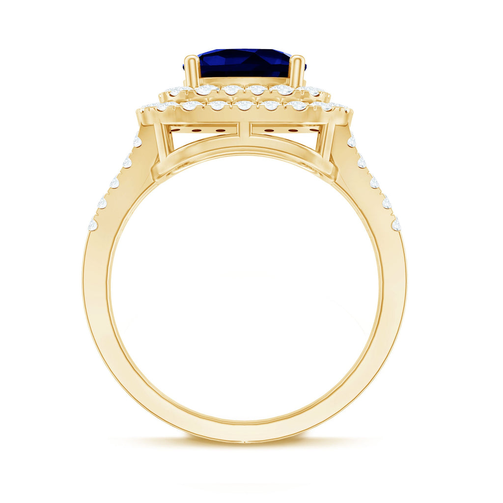 Cushion Cut Created Blue Sapphire Double Halo Engagement Ring with Moissanite