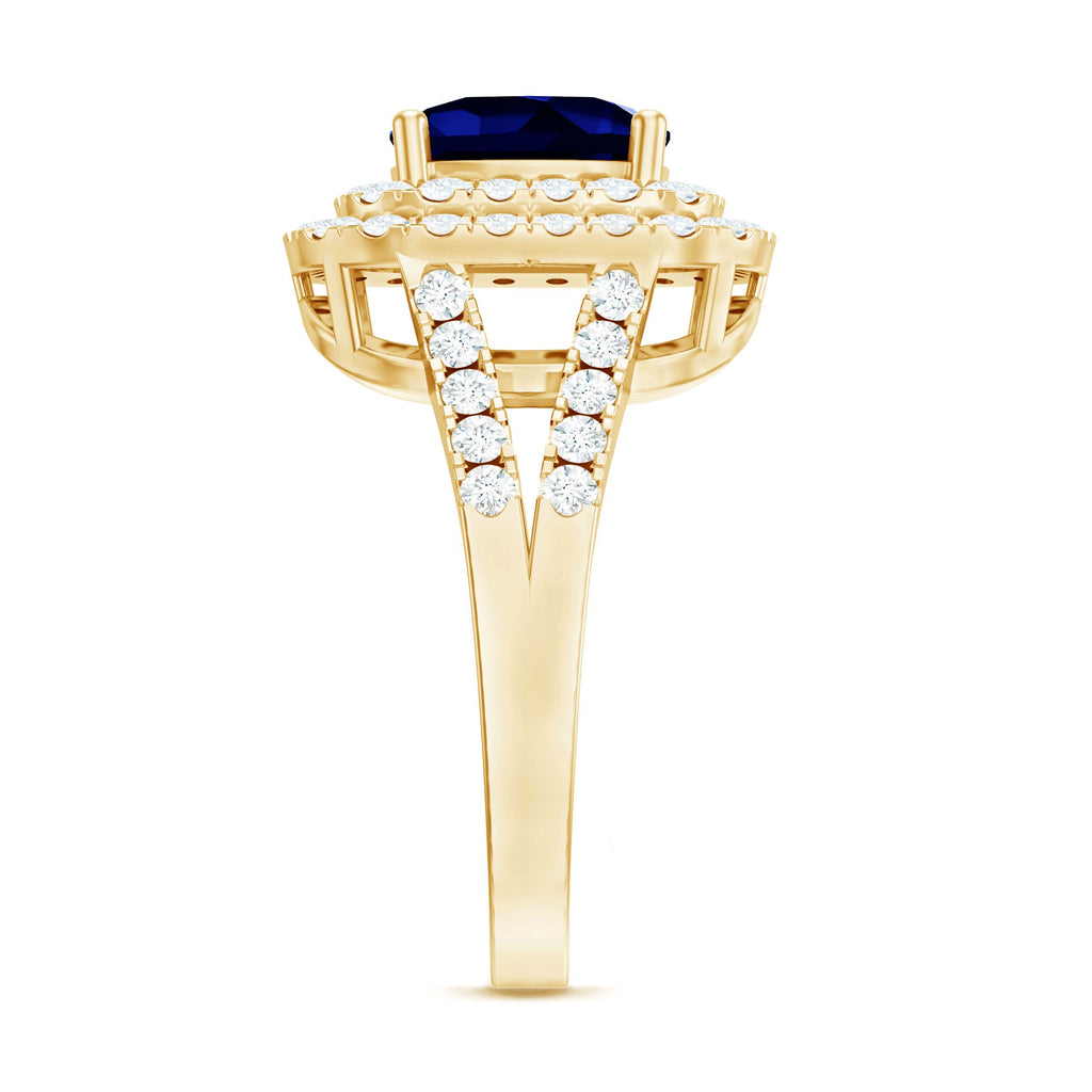 Cushion Cut Created Blue Sapphire Double Halo Engagement Ring with Moissanite