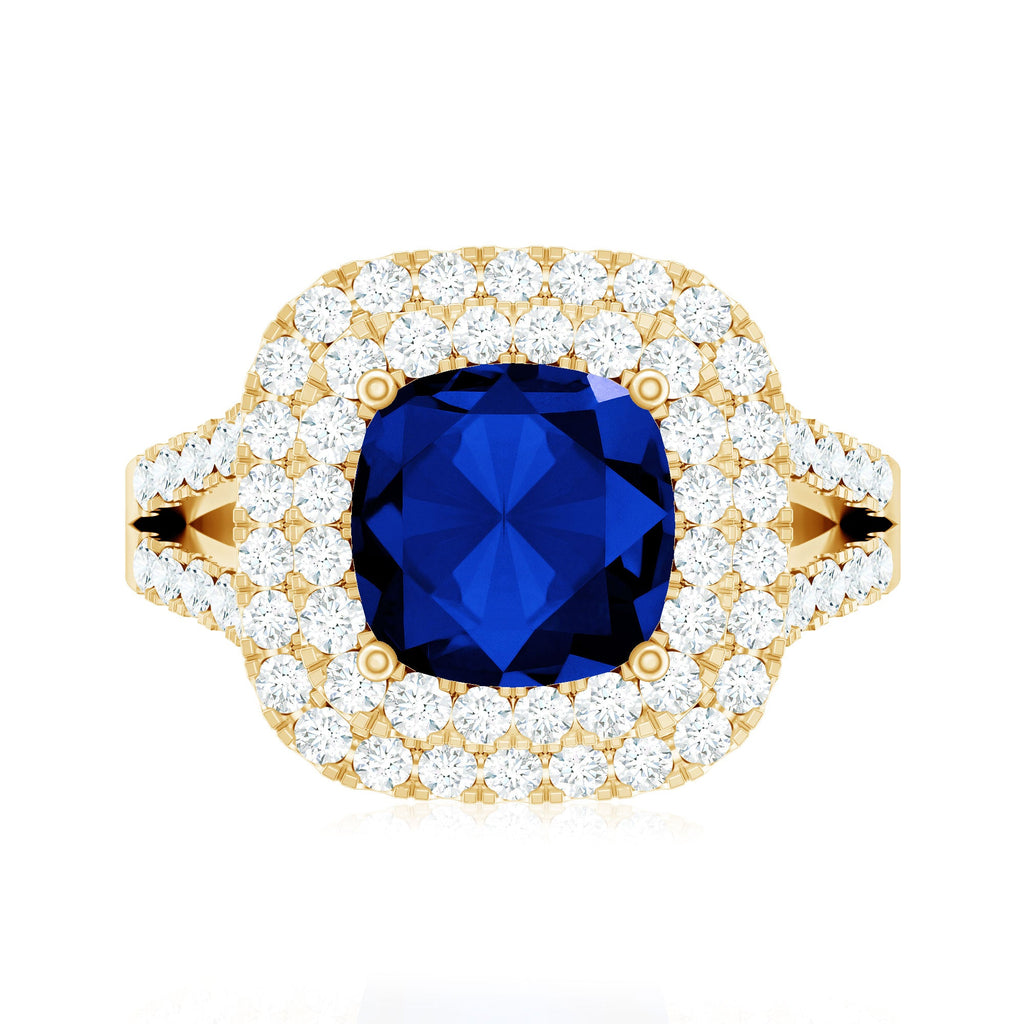 Cushion Cut Created Blue Sapphire Double Halo Engagement Ring with Moissanite