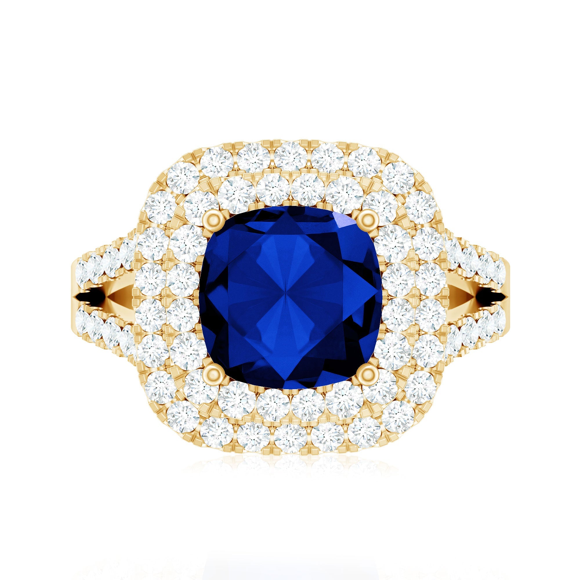 Cushion Cut Created Blue Sapphire Double Halo Engagement Ring with Moissanite
