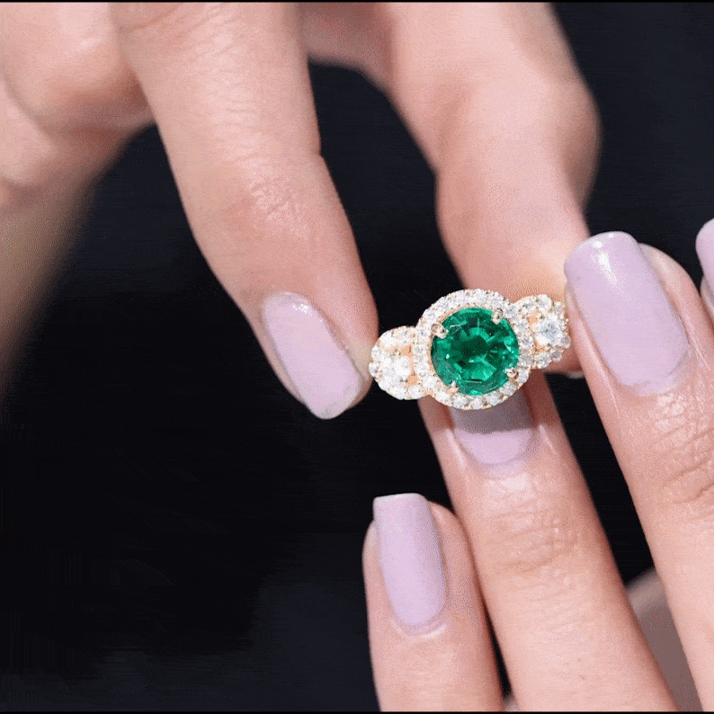 Certified 8mm Lab Grown Emerald Vintage Looking Engagement Ring with Moissanite
