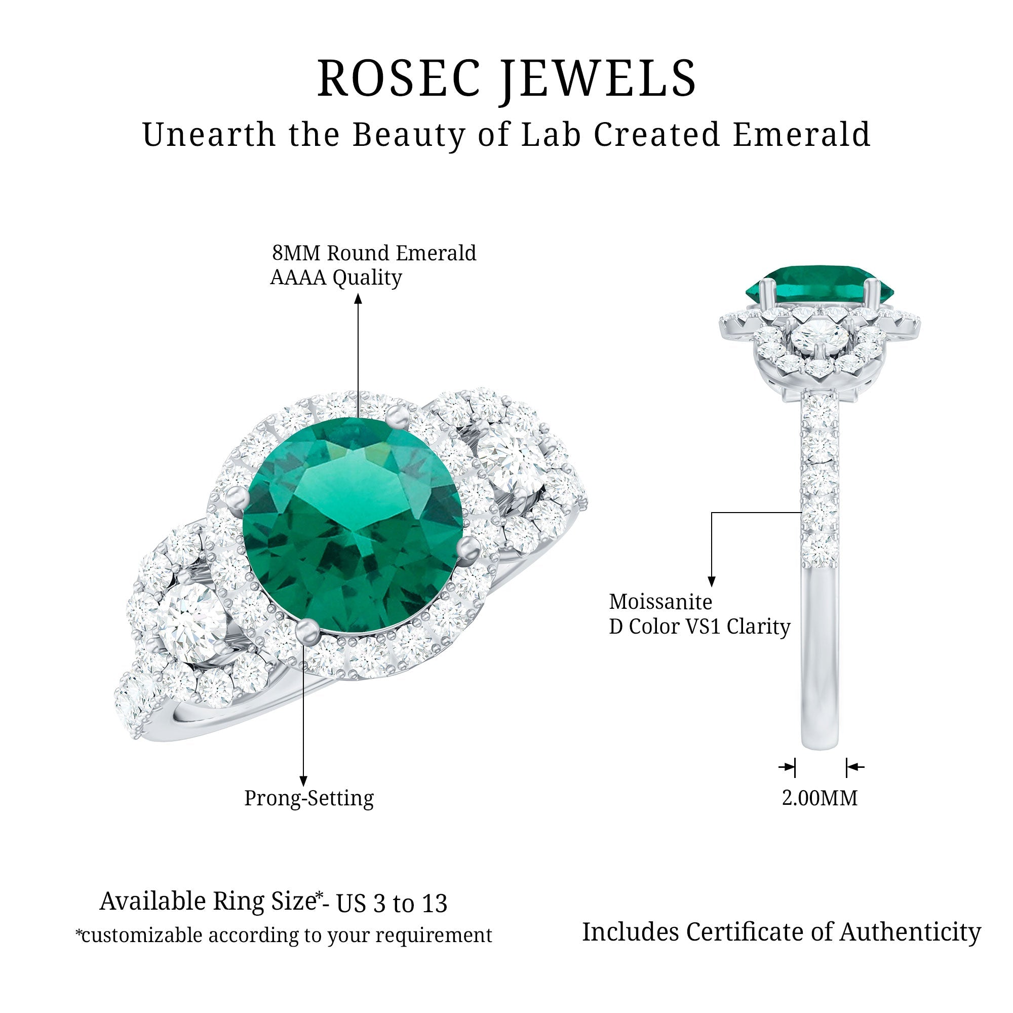 Certified 8mm Lab Grown Emerald Vintage Looking Engagement Ring with Moissanite