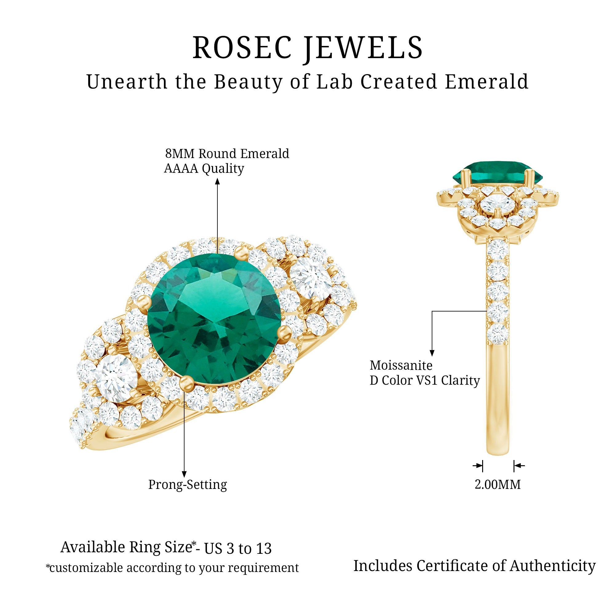 Certified 8mm Lab Grown Emerald Vintage Looking Engagement Ring with Moissanite
