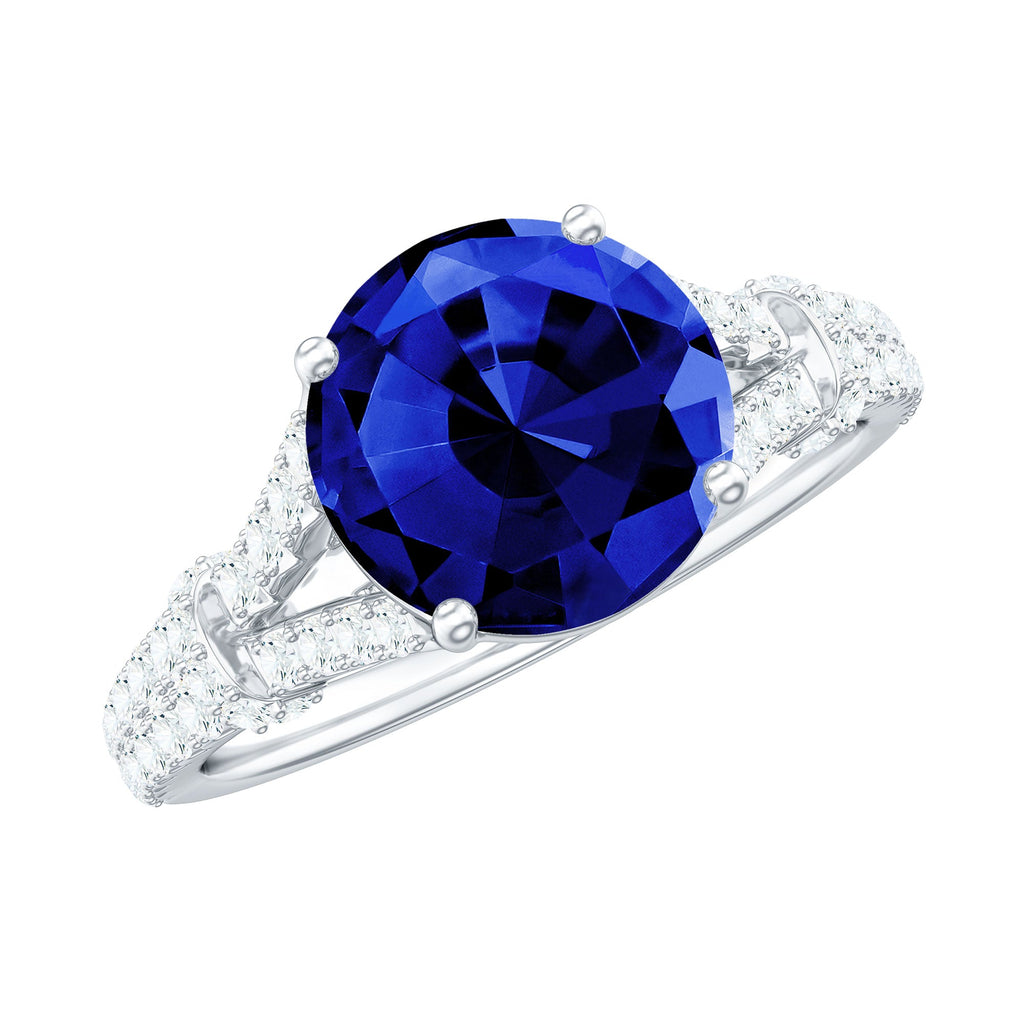 Certified 2.7 Carat Lab Grown Blue Sapphire Engagement Ring with Diamond Split Shank