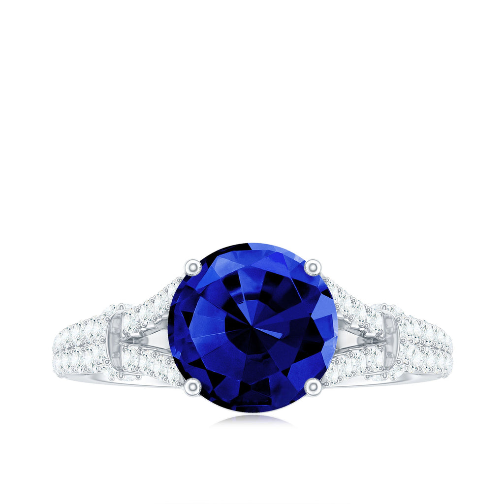 Certified 2.7 Carat Lab Grown Blue Sapphire Engagement Ring with Diamond Split Shank