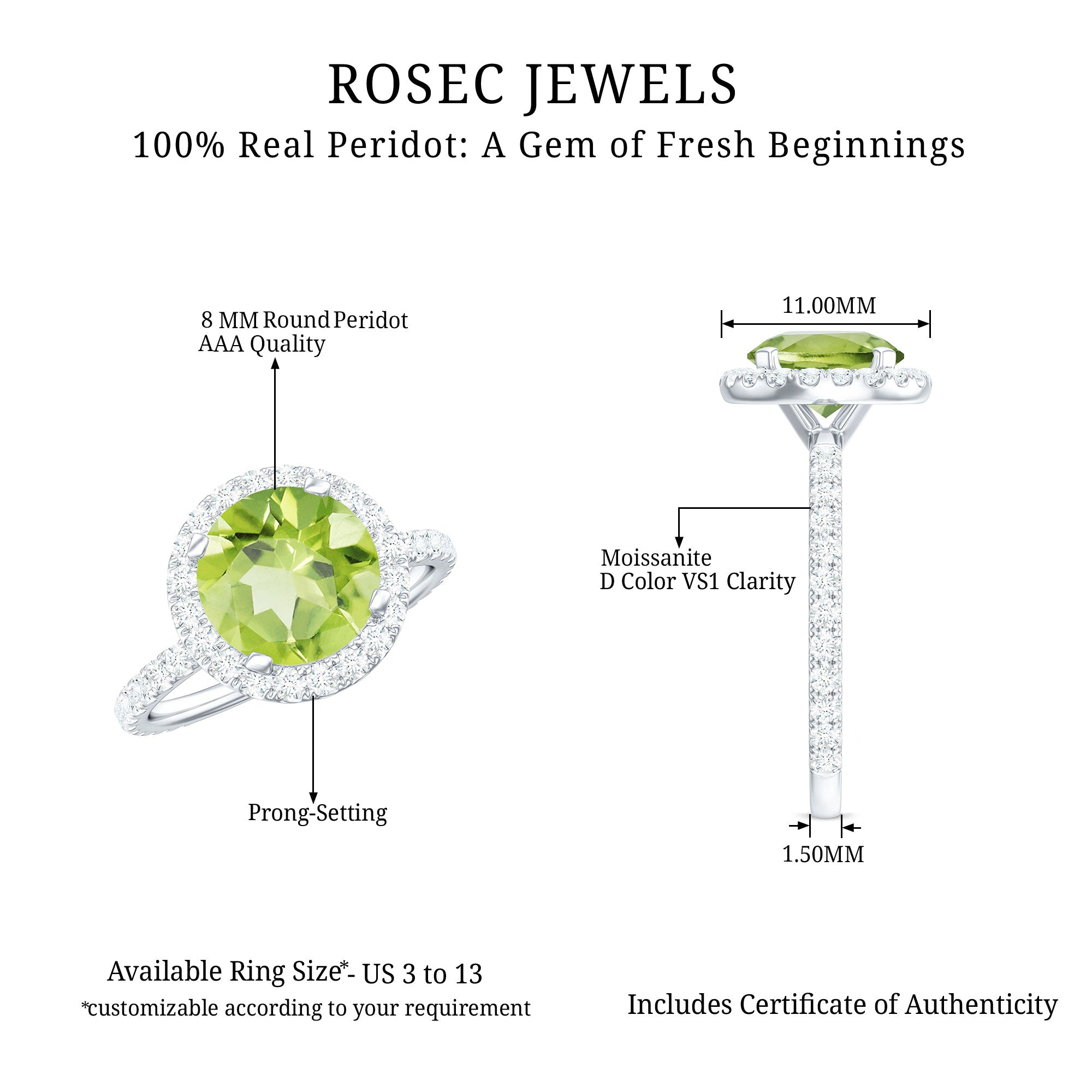 2 CT Round Peridot Engagement Ring with Moissanite Halo