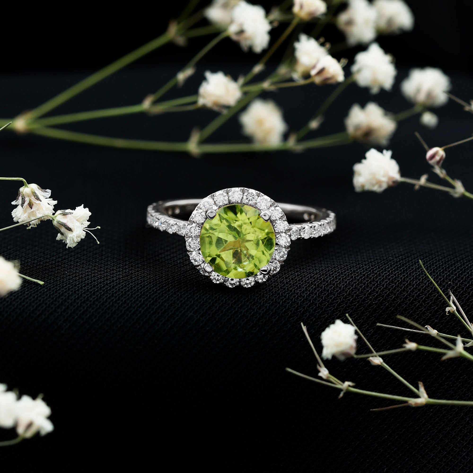 2 CT Round Peridot Engagement Ring with Moissanite Halo