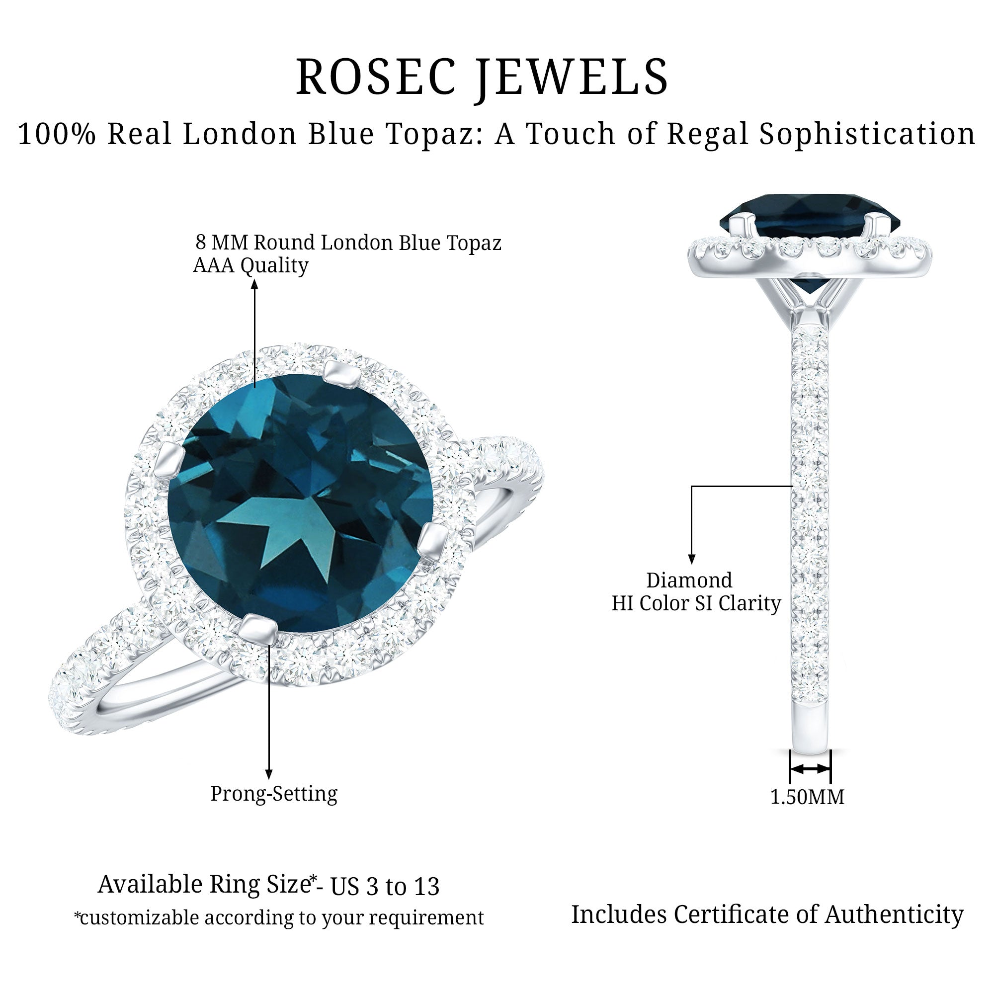 8MM London Blue Topaz Classic Engagement Ring with Diamond