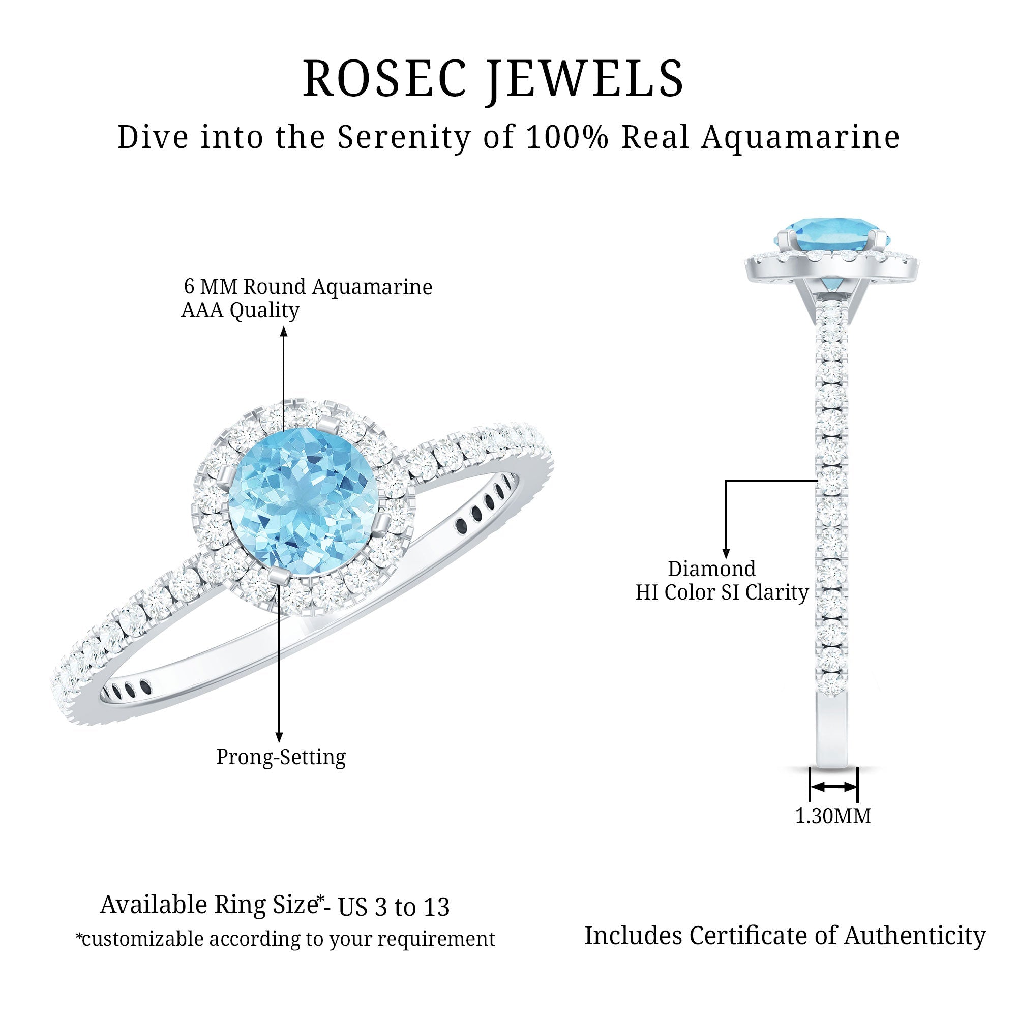 Genuine Blue Aquamarine Ring with Diamond Accent