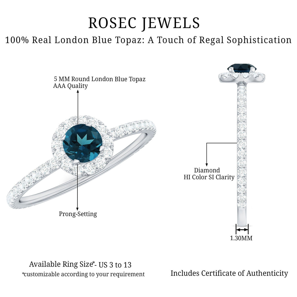 Round Shaped Blue Topaz and Diamond Minimal Engagement Ring