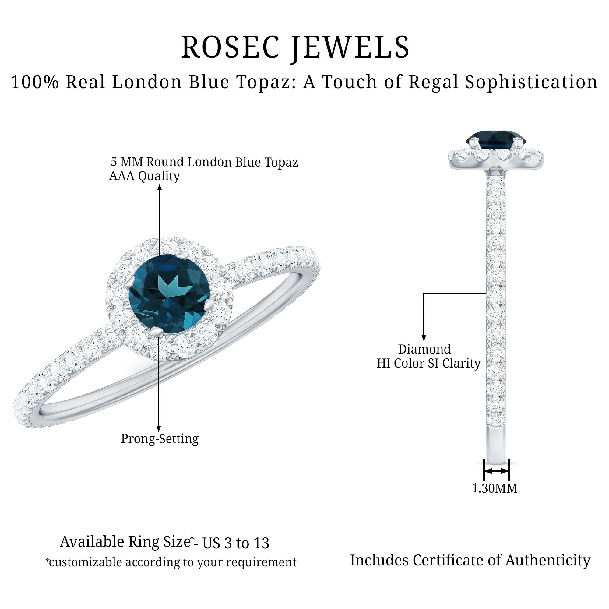 Round Shaped Blue Topaz and Diamond Minimal Engagement Ring