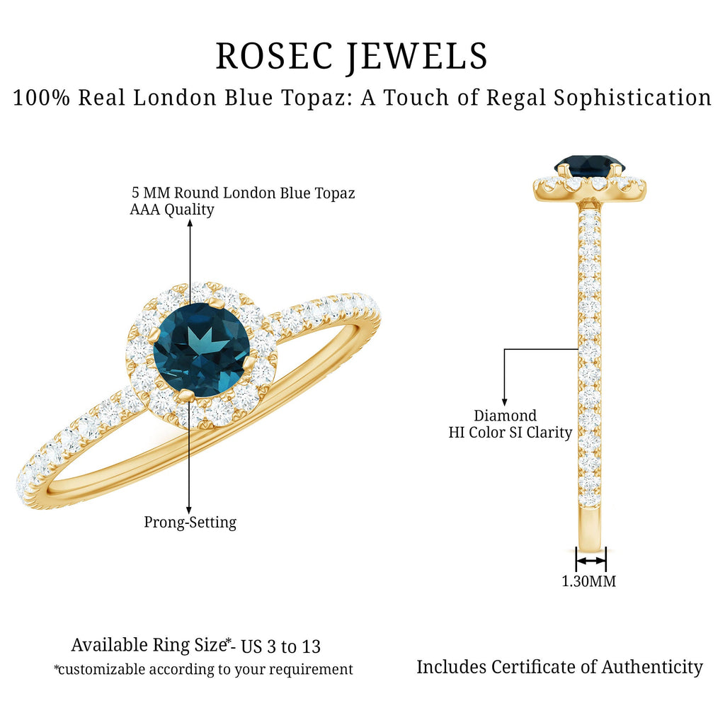 Round Shaped Blue Topaz and Diamond Minimal Engagement Ring