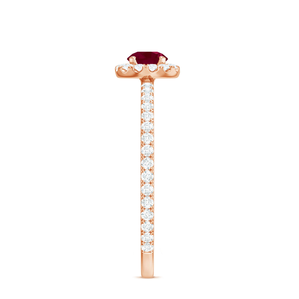 Minimal Ruby Engagement Ring with Diamond Halo