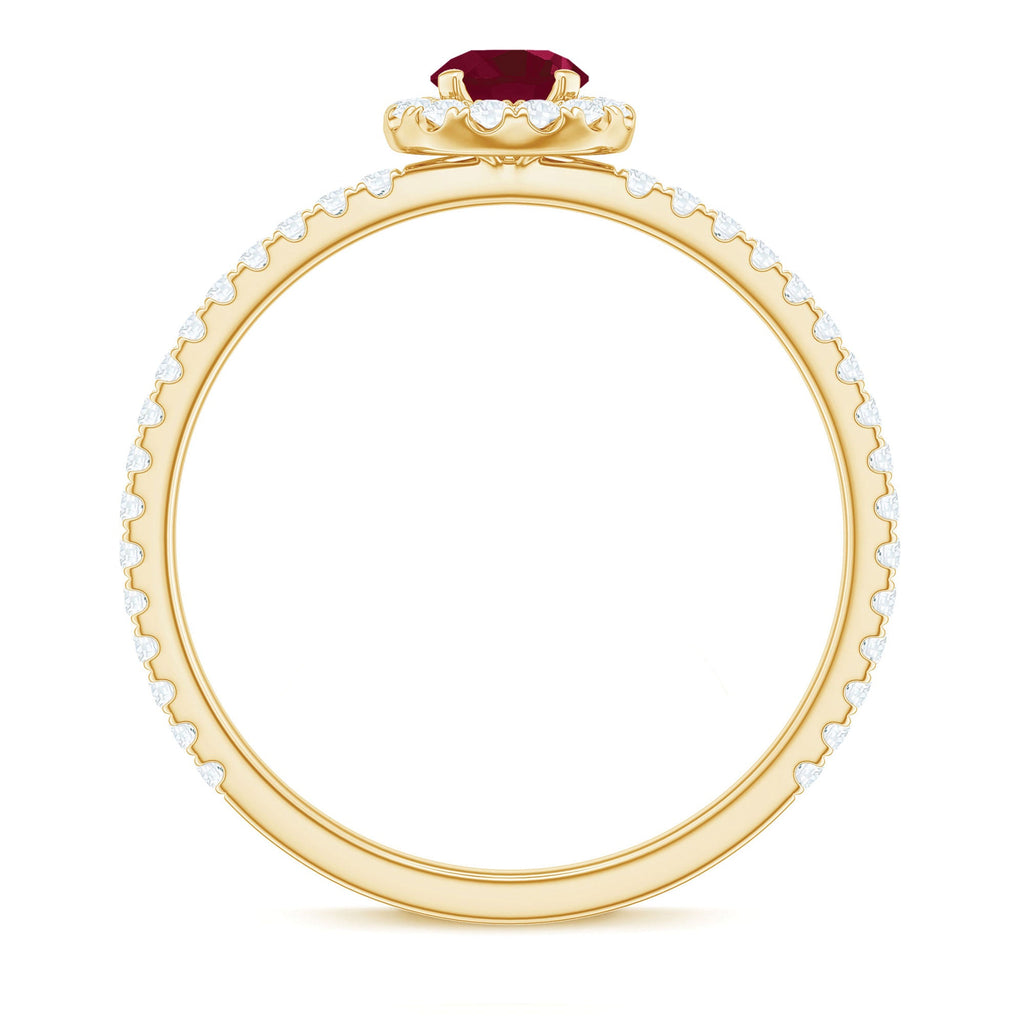 Minimal Ruby Engagement Ring with Diamond Halo